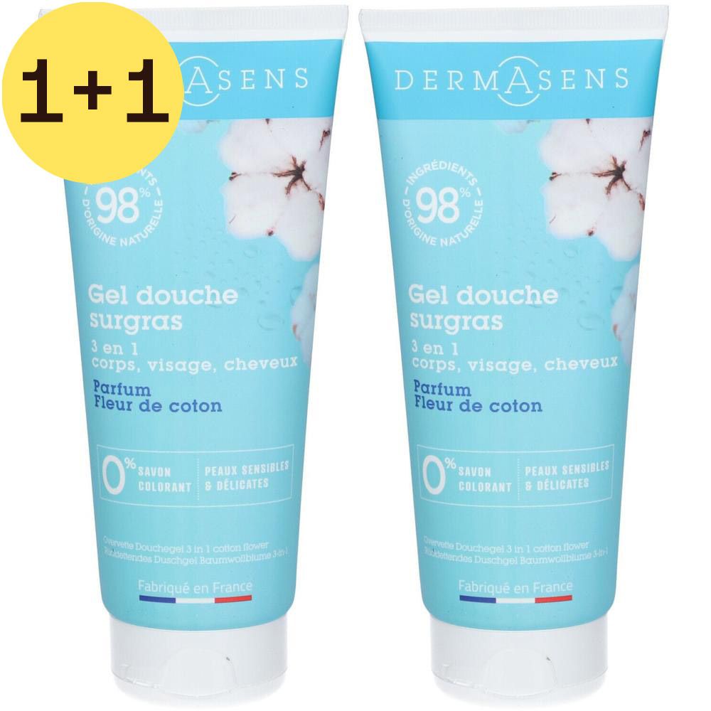 Deux tubes de gel douche bleus avec bouchon blanc. Inscription: Gel douche surgras, Fleur de coton. Logo 2=1.