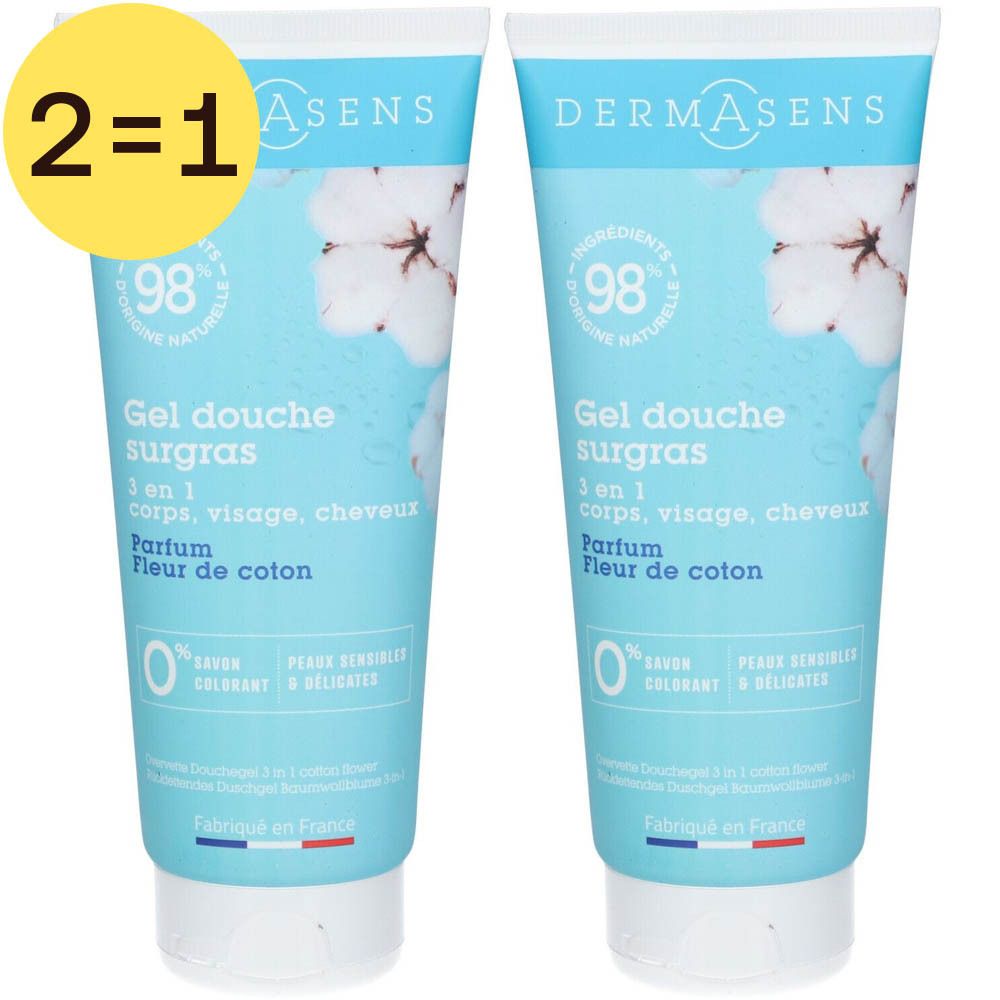 Deux tubes de gel douche bleus avec bouchon blanc. Inscription: Gel douche surgras, Fleur de coton. Logo 2=1.