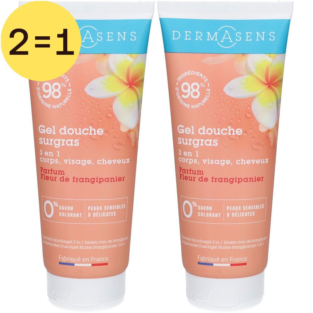 Deux tubes de gel douche avec motif floral. Texte: Gel douche surgras, 3 en 1, Fleur de frangipanier, 0% savon, Peaux sensibles & délicates.