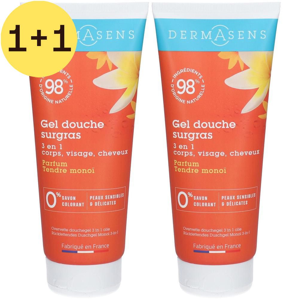 Deux tubes de gel douche DermAsens, étiquette 2=1. Fond orange, texte bleu et blanc. Ingrédients d'origine naturelle.
