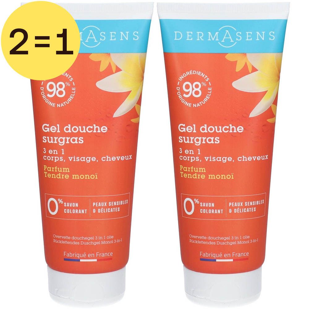 Deux tubes de gel douche DermAsens, étiquette 2=1. Fond orange, texte bleu et blanc. Ingrédients d'origine naturelle.