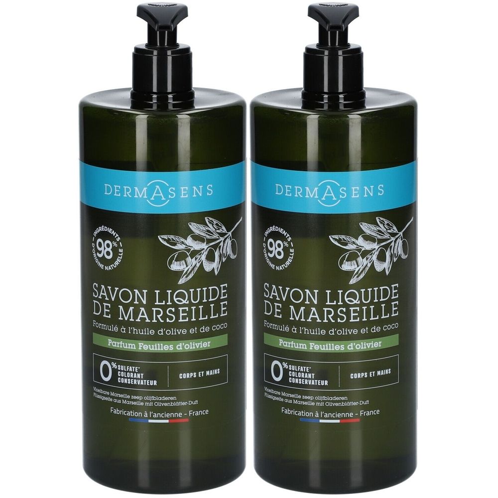 Deux flacons verts avec pompe noire. Inscription: DermAsens Savon Liquide de Marseille, parfum feuille d'olivier. 98% ingrédients naturels.
