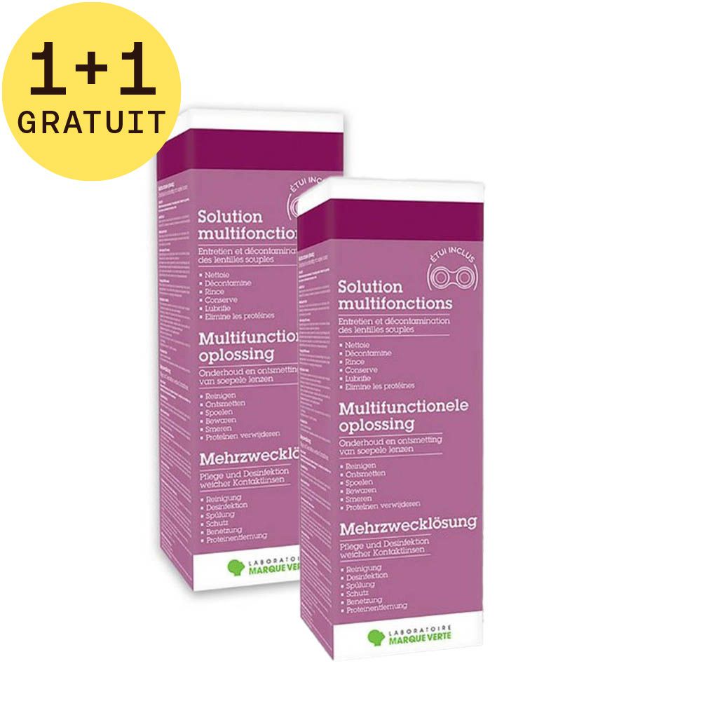 Deux boîtes de solution Quotisoin. Mention '1+1 GRATUIT'. Emballage violet avec informations produit.