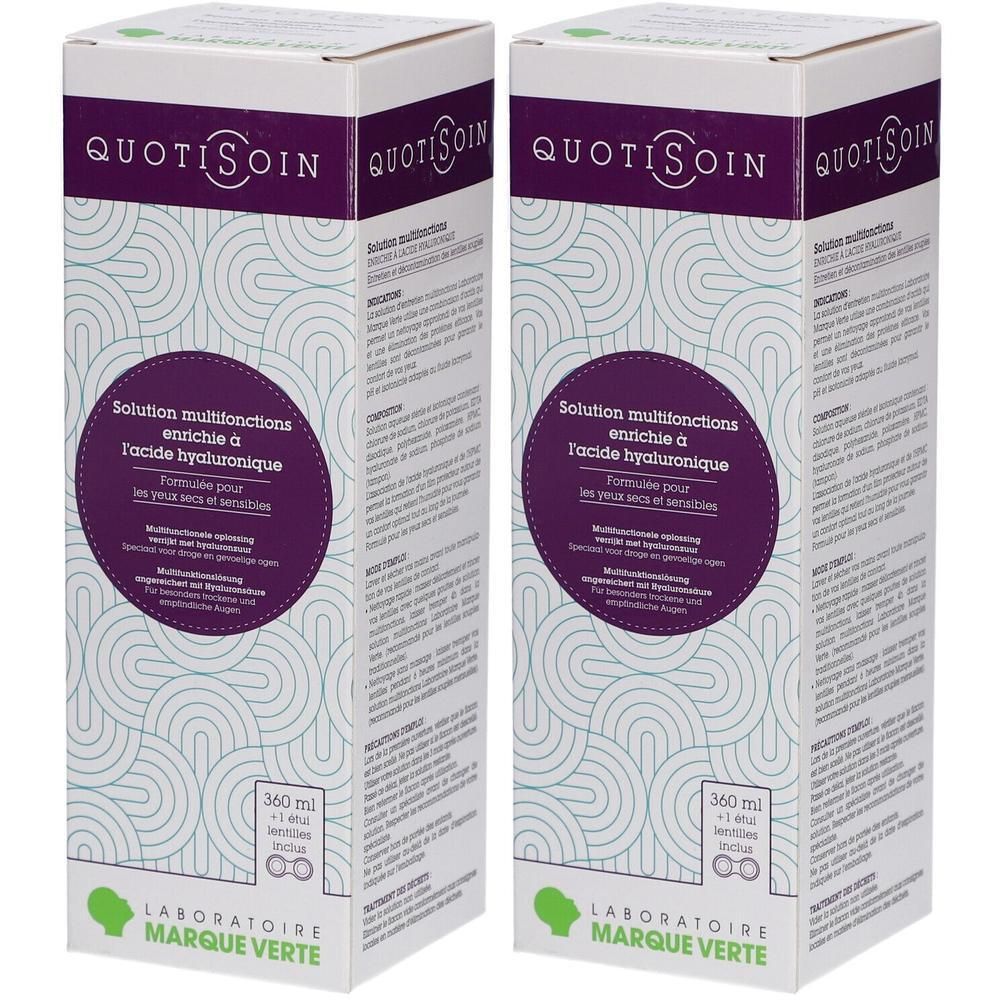 Deux boîtes de solution Quotisoin. Emballages blancs avec accents violets et texte. Marque et nom du produit visibles.