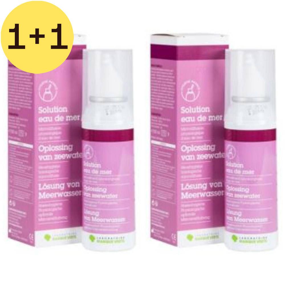Deux flacons roses avec vaporisateur blanc, à côté de deux boîtes roses. Cercle jaune avec texte: 1+1 GRATUIT.
