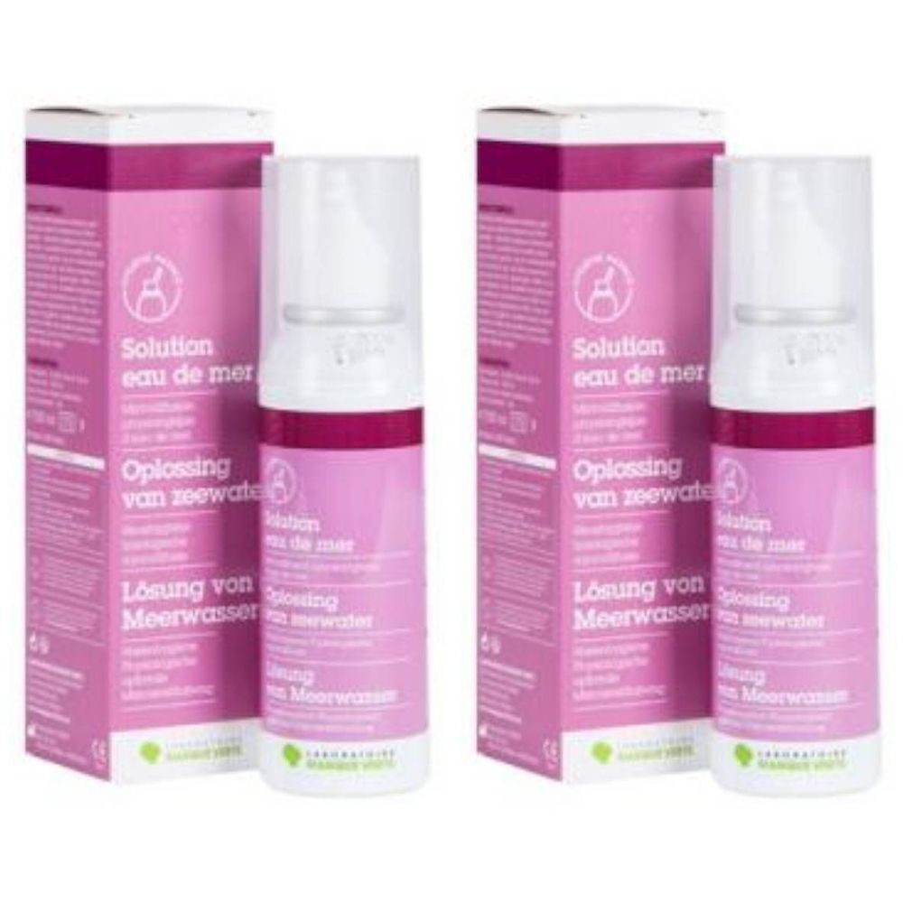 Deux flacons roses avec vaporisateur blanc, à côté de deux boîtes roses. Texte: Solution eau de mer.