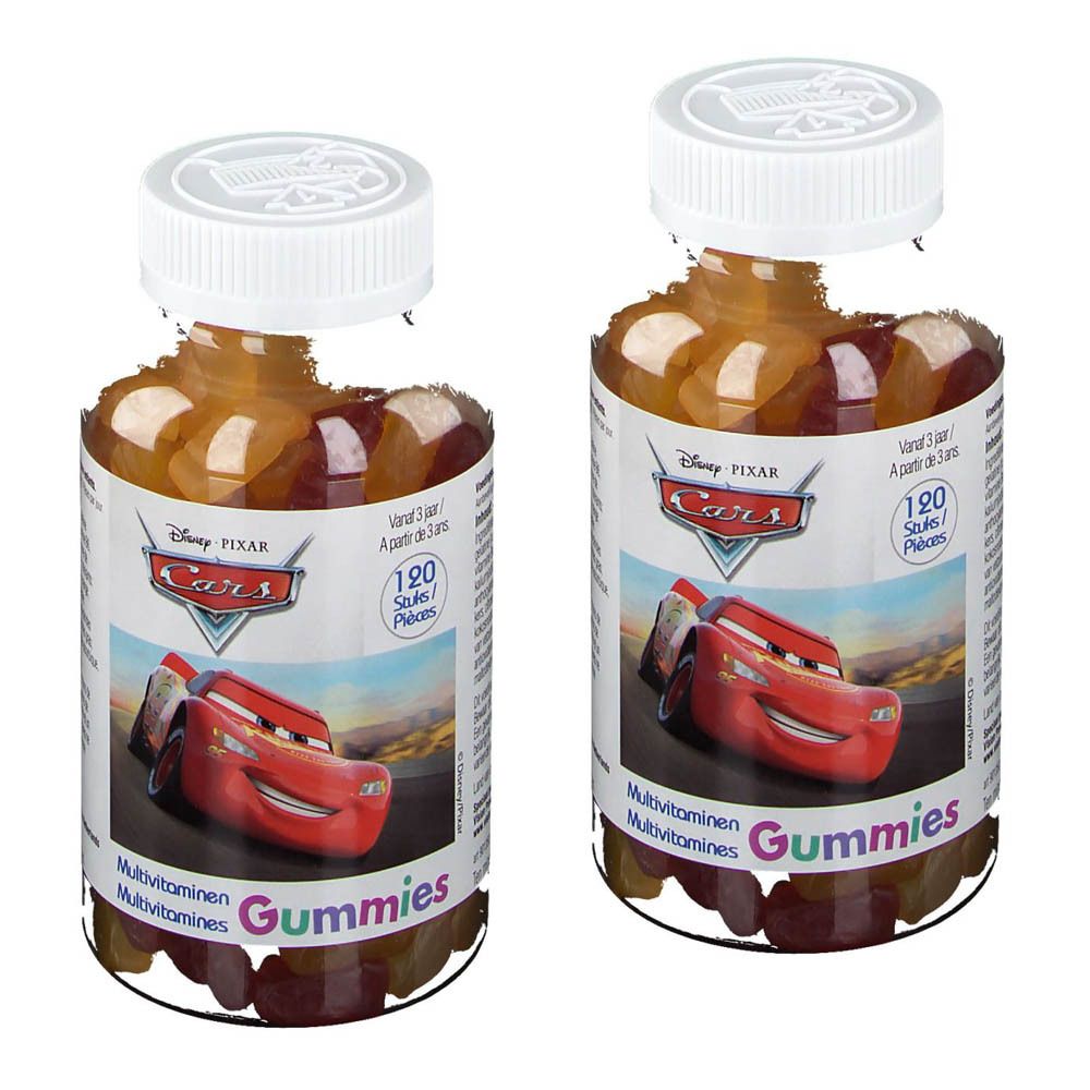 Deux flacons de gommes multivitamines. Inscription: Disney Pixar Cars. 1+1 gratuit.
