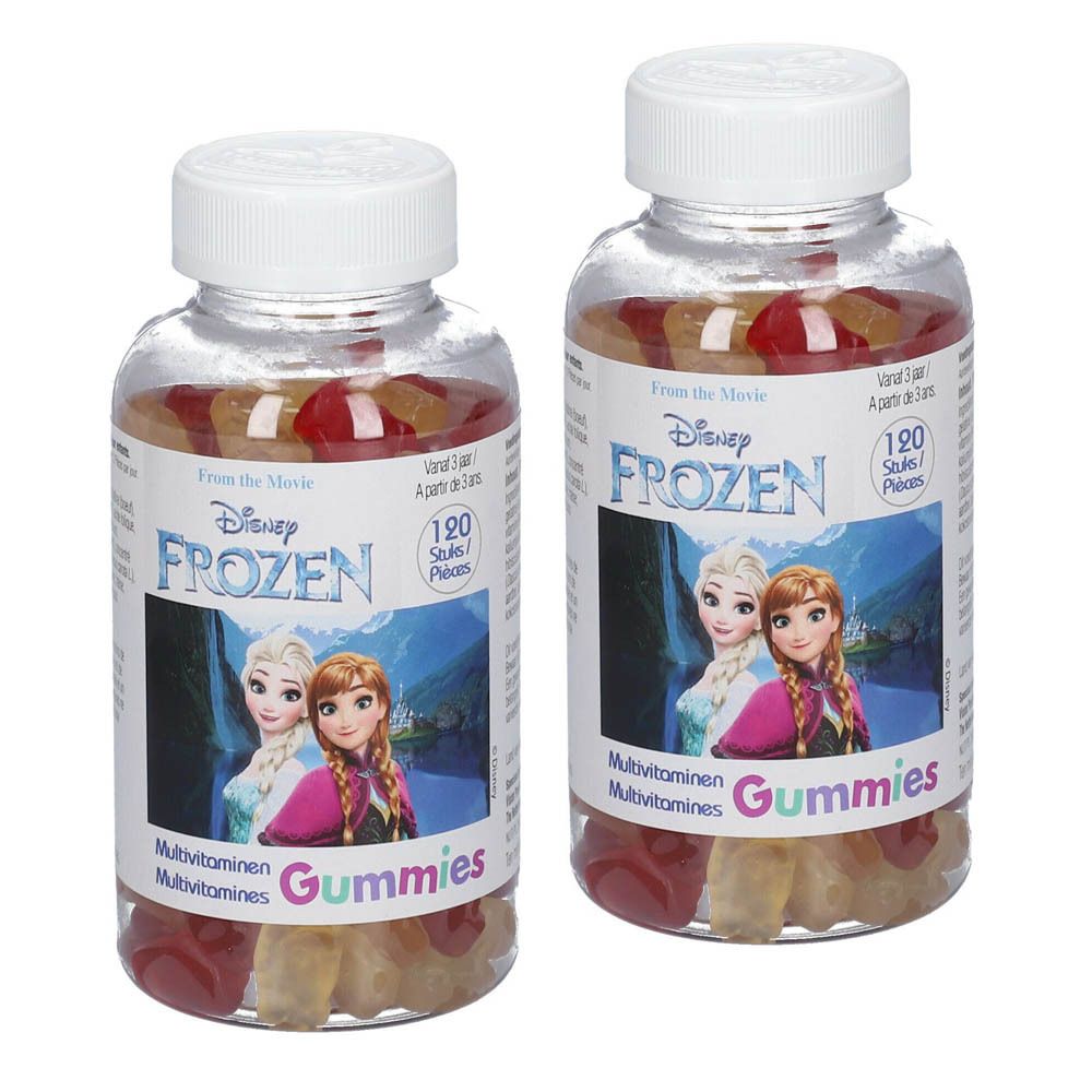 Deux flacons de multivitamines avec Elsa et Anna. Inscription: Disney Frozen. Autocollant jaune: 1+1 GRATUIT.