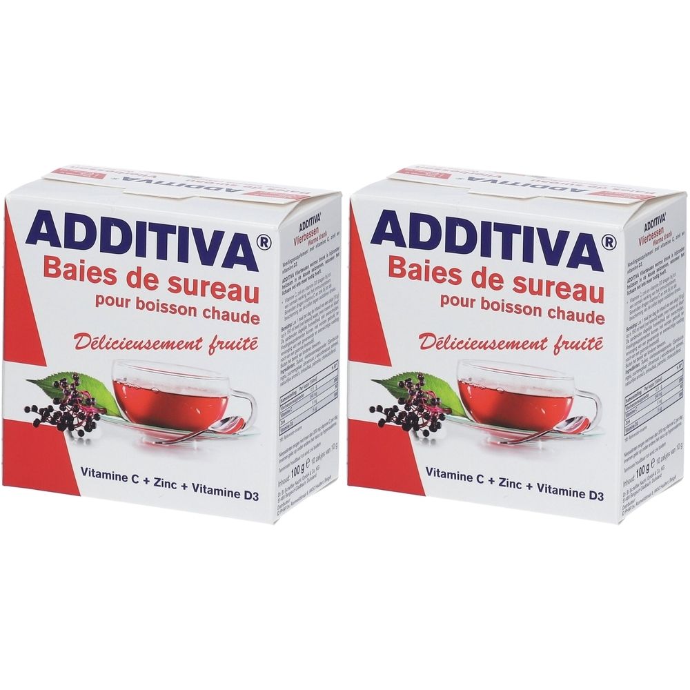 Deux boîtes Additiva Baies de sureau. Inscription: Vitamine C, Zinc, Vitamine D3. Illustration: tasse de boisson, baies de sureau.