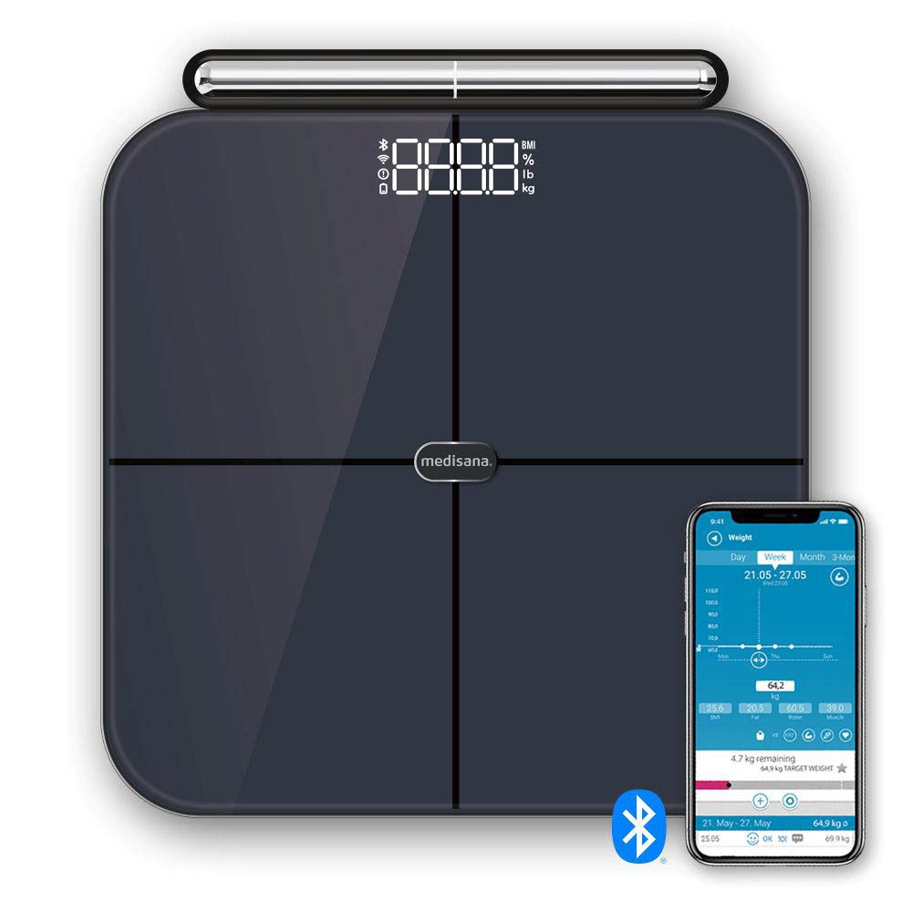 Balance d'analyse corporelle avec affichage numérique et smartphone. Symbole Bluetooth. Marque : medisana.
