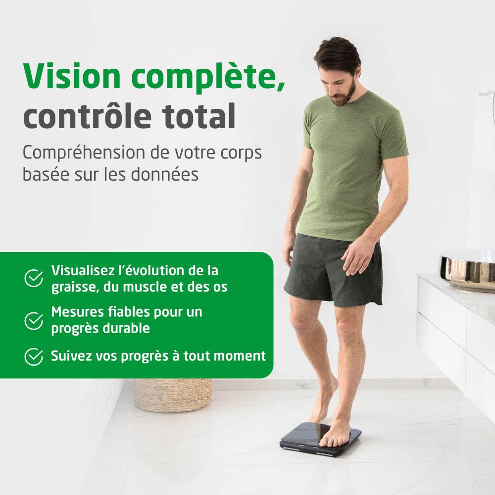 Homme sur une balance. Texte : Vision complète, contrôle total. Graphiques avec coches.