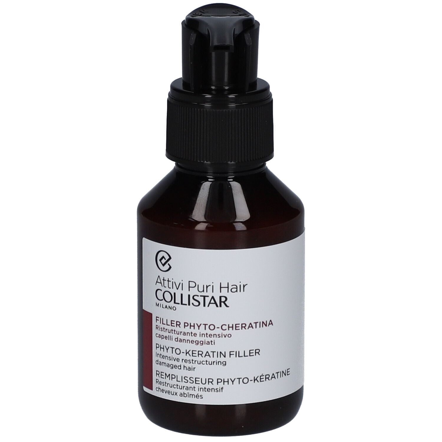 Flacon brun avec bouchon pompe noir. L'étiquette indique "Filler Phyto-Keratina".