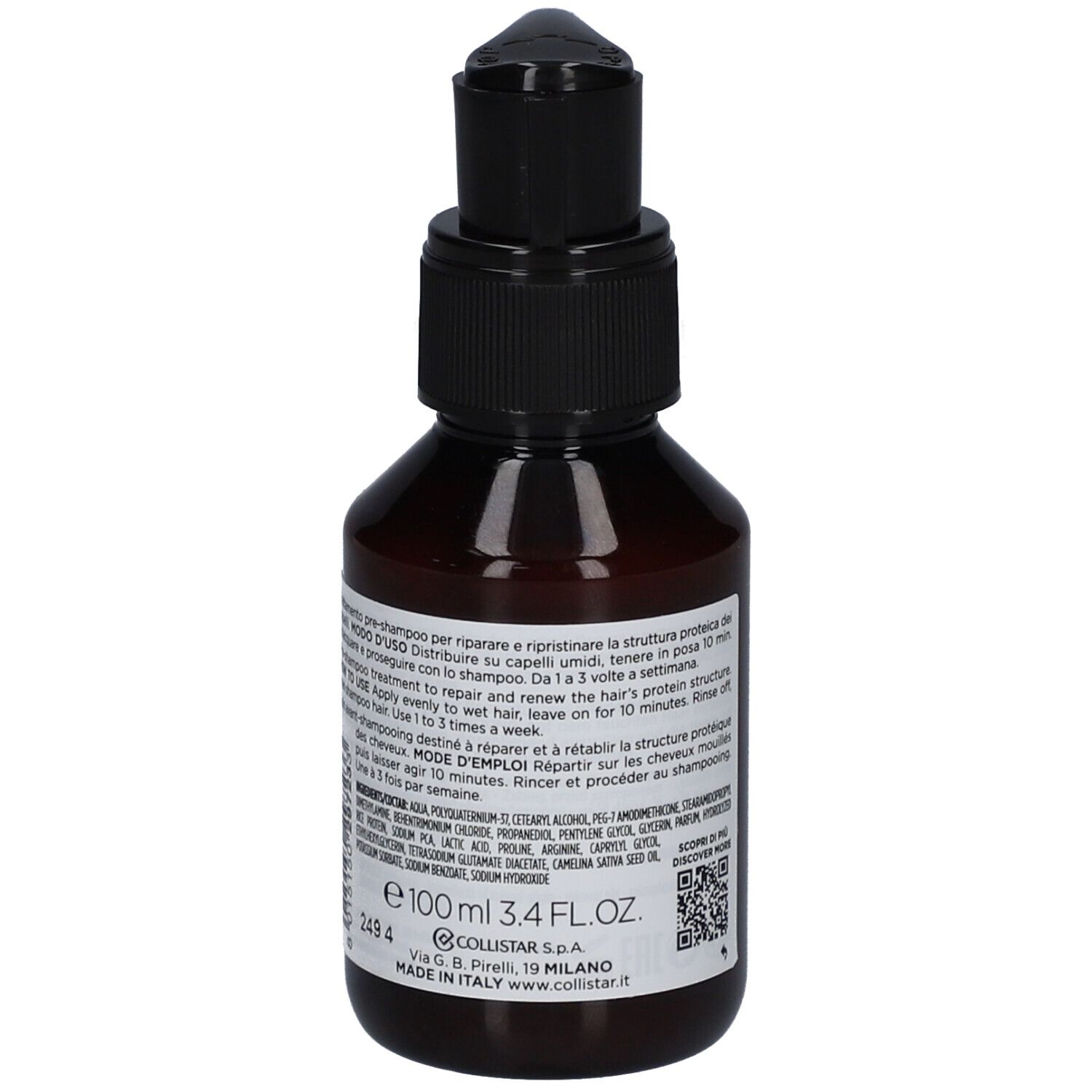 Flacon brun avec bouchon pompe noir. L'étiquette indique "Filler Phyto-Keratina".
