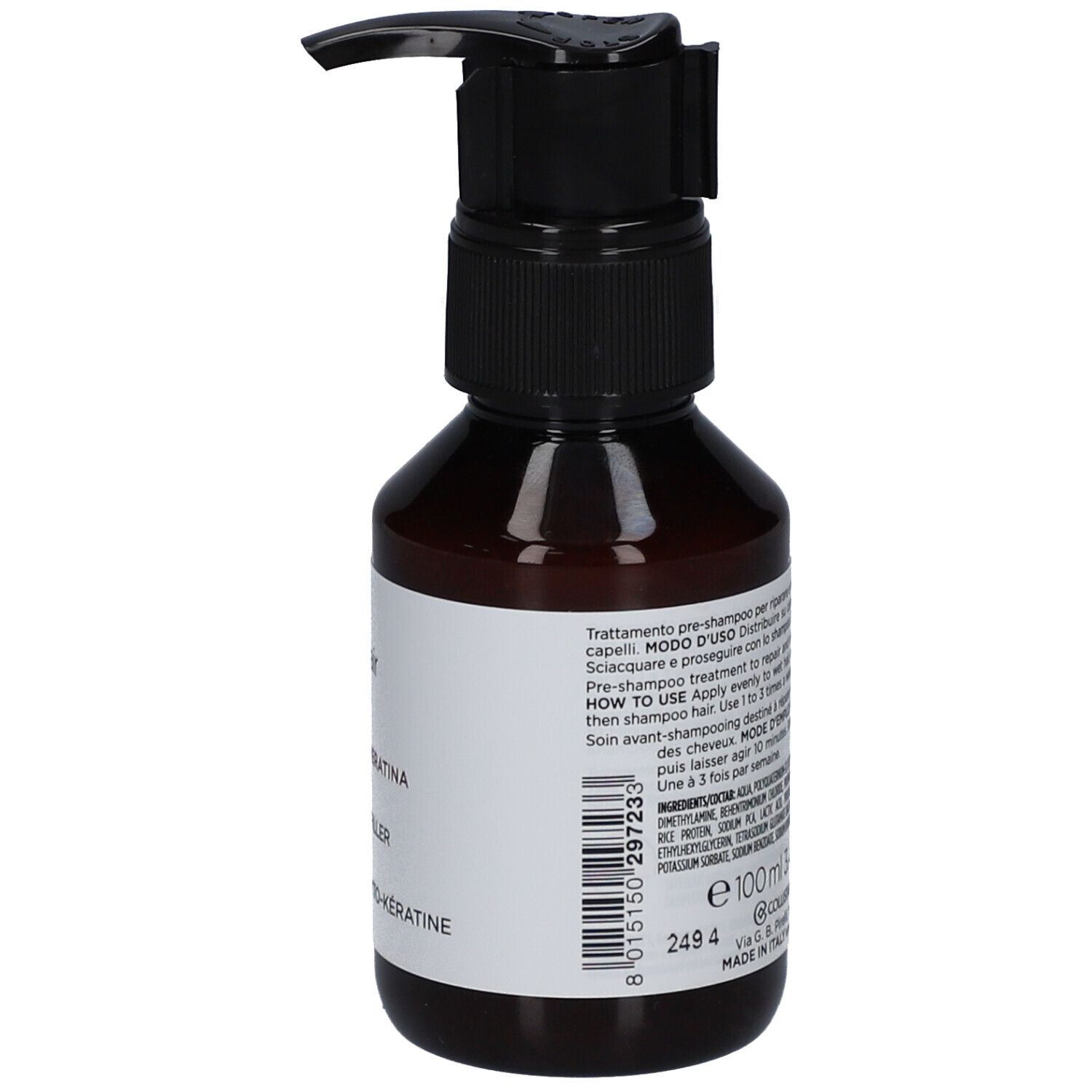 Flacon brun avec bouchon pompe noir. L'étiquette indique "Filler Phyto-Keratina".