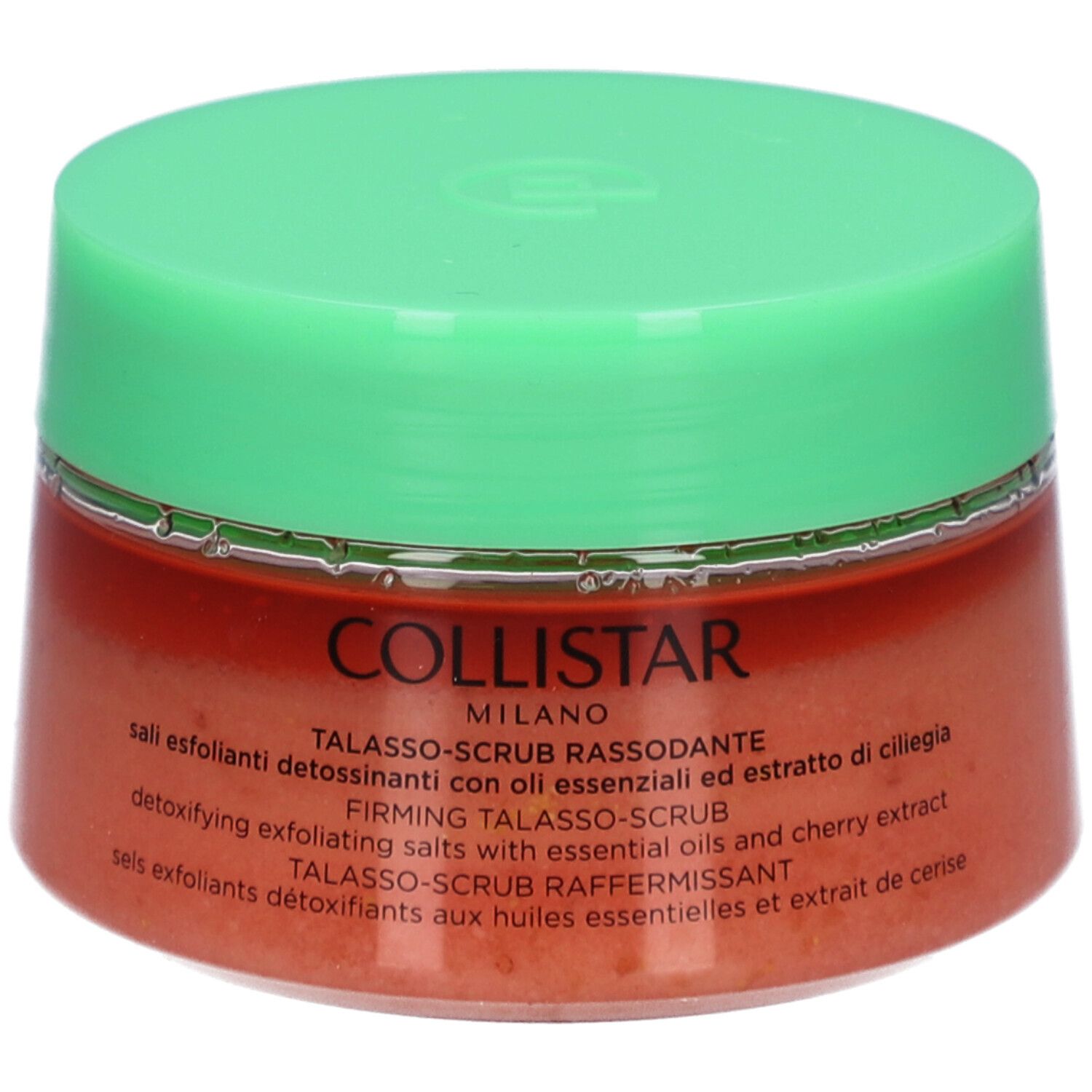 Pot rond avec couvercle vert. Inscription : COLLISTAR, TALASSO-SCRUB RASSODANTE. Contenu : sel exfoliant.
