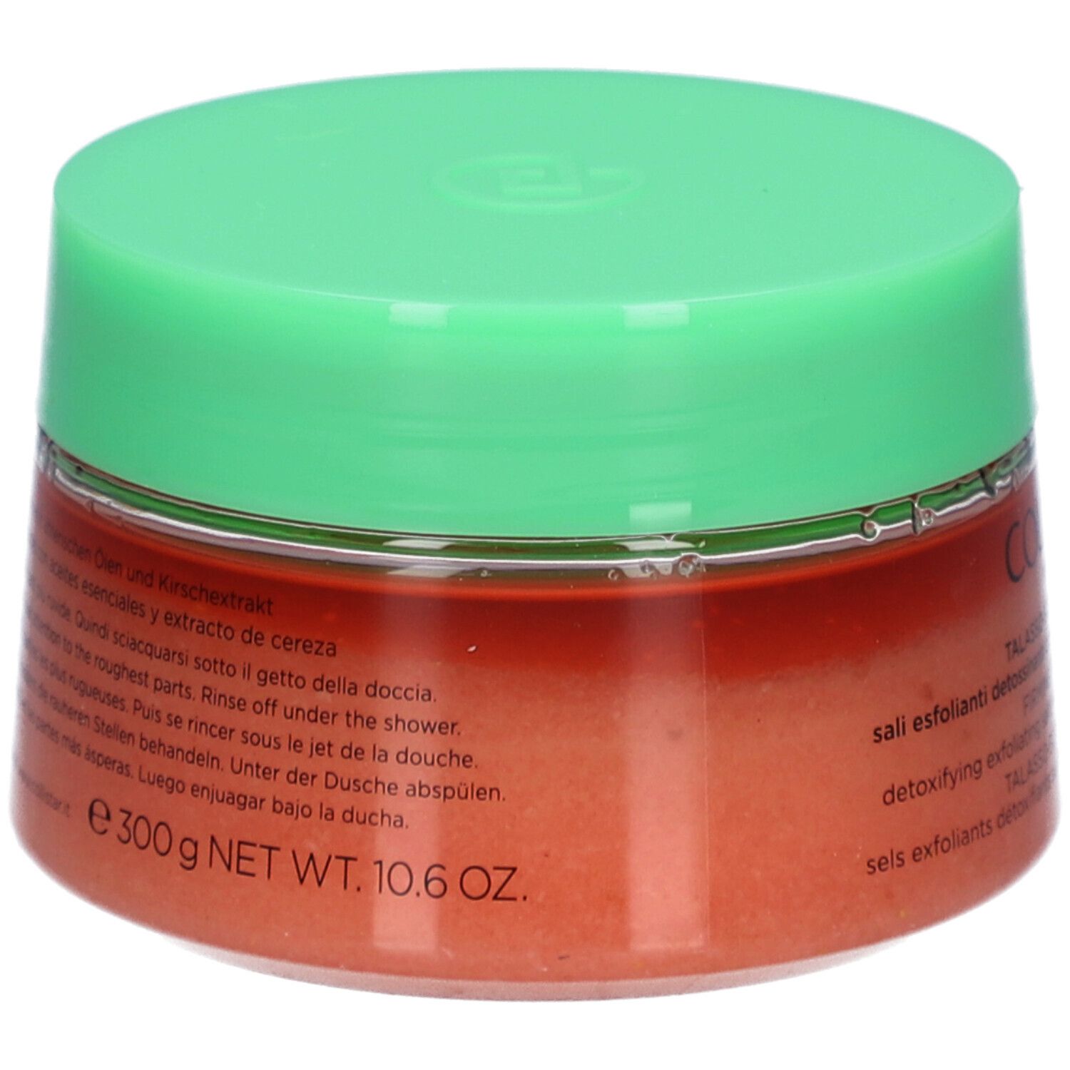 Pot rond avec couvercle vert. Inscription : COLLISTAR, TALASSO-SCRUB RASSODANTE. Contenu : sel exfoliant. Inscription : 300 g NET WT. 10.6 OZ.
