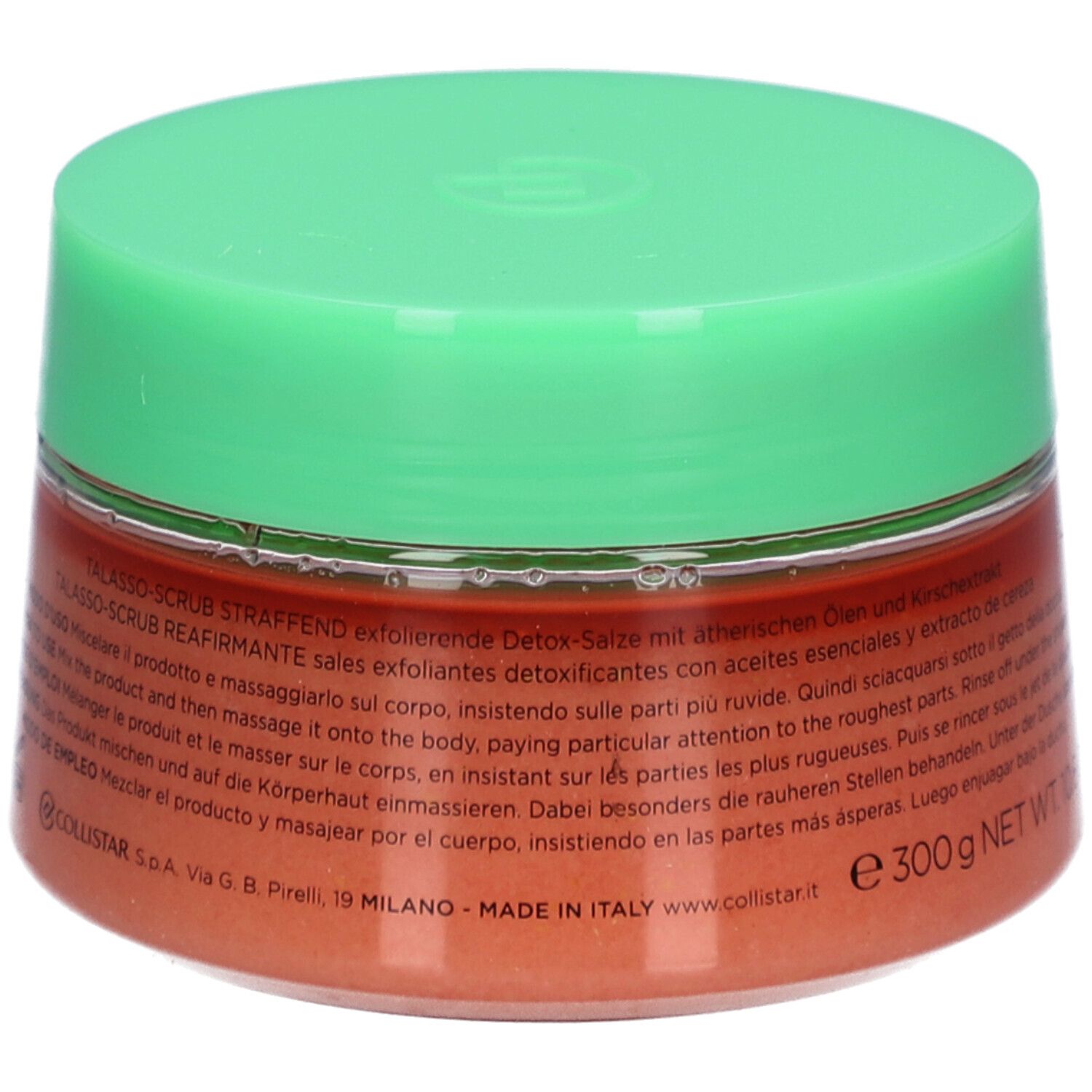 Pot rond avec couvercle vert. Inscription : COLLISTAR, TALASSO-SCRUB RASSODANTE. Contenu : sel exfoliant. Inscription : 300 g NET WT. 10.6 OZ.