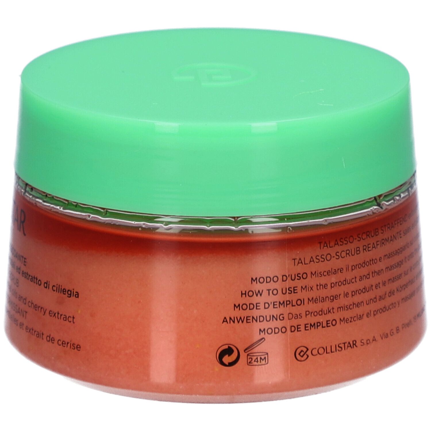 Pot rond avec couvercle vert. Inscription : COLLISTAR, TALASSO-SCRUB RASSODANTE. Contenu : sel exfoliant. Mode d'emploi.