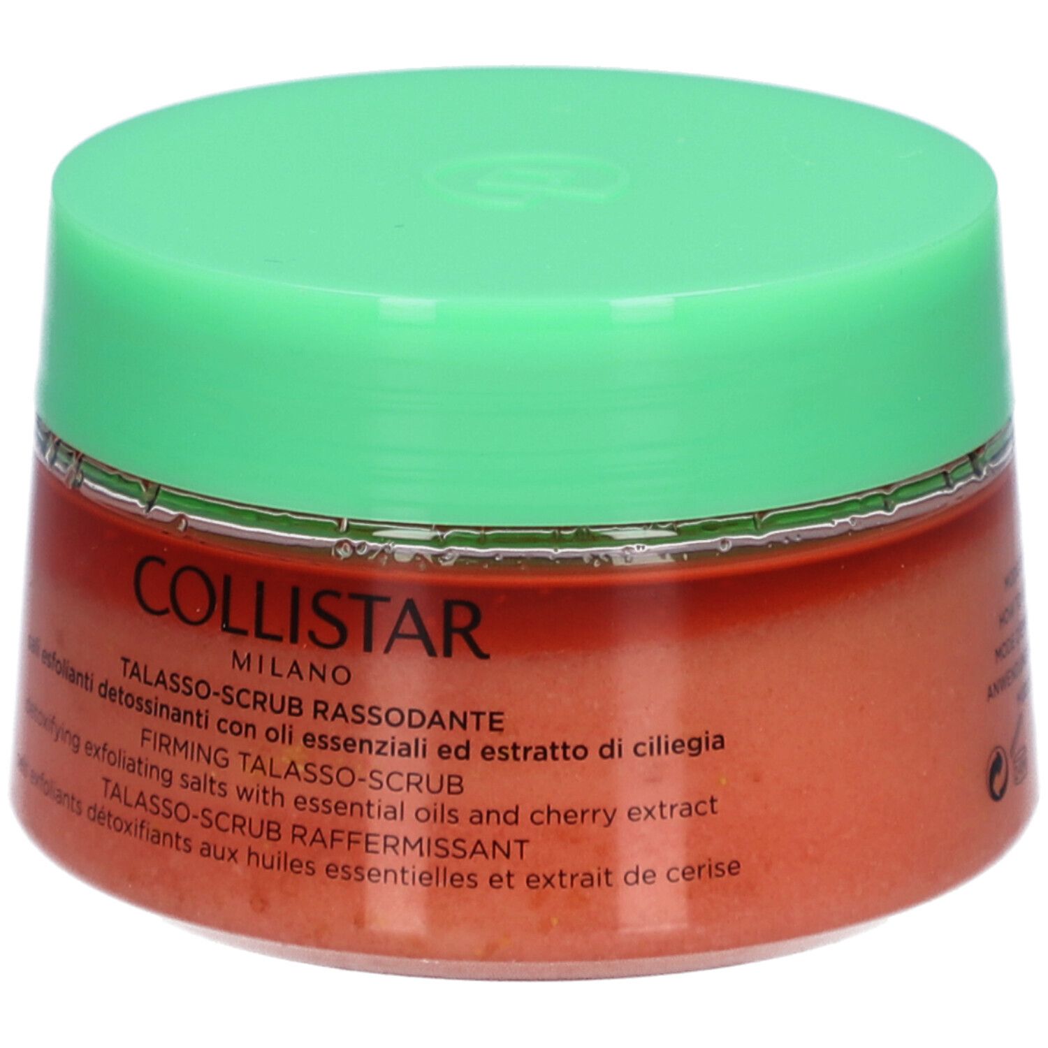 Pot rond avec couvercle vert. Inscription : COLLISTAR, TALASSO-SCRUB RASSODANTE. Contenu : sel exfoliant.