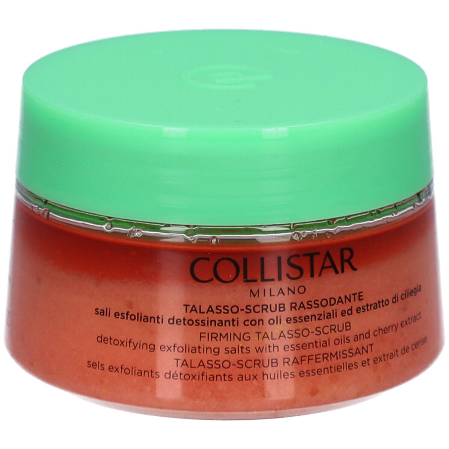Pot rond avec couvercle vert. Inscription : COLLISTAR, TALASSO-SCRUB RASSODANTE. Contenu : sel exfoliant.