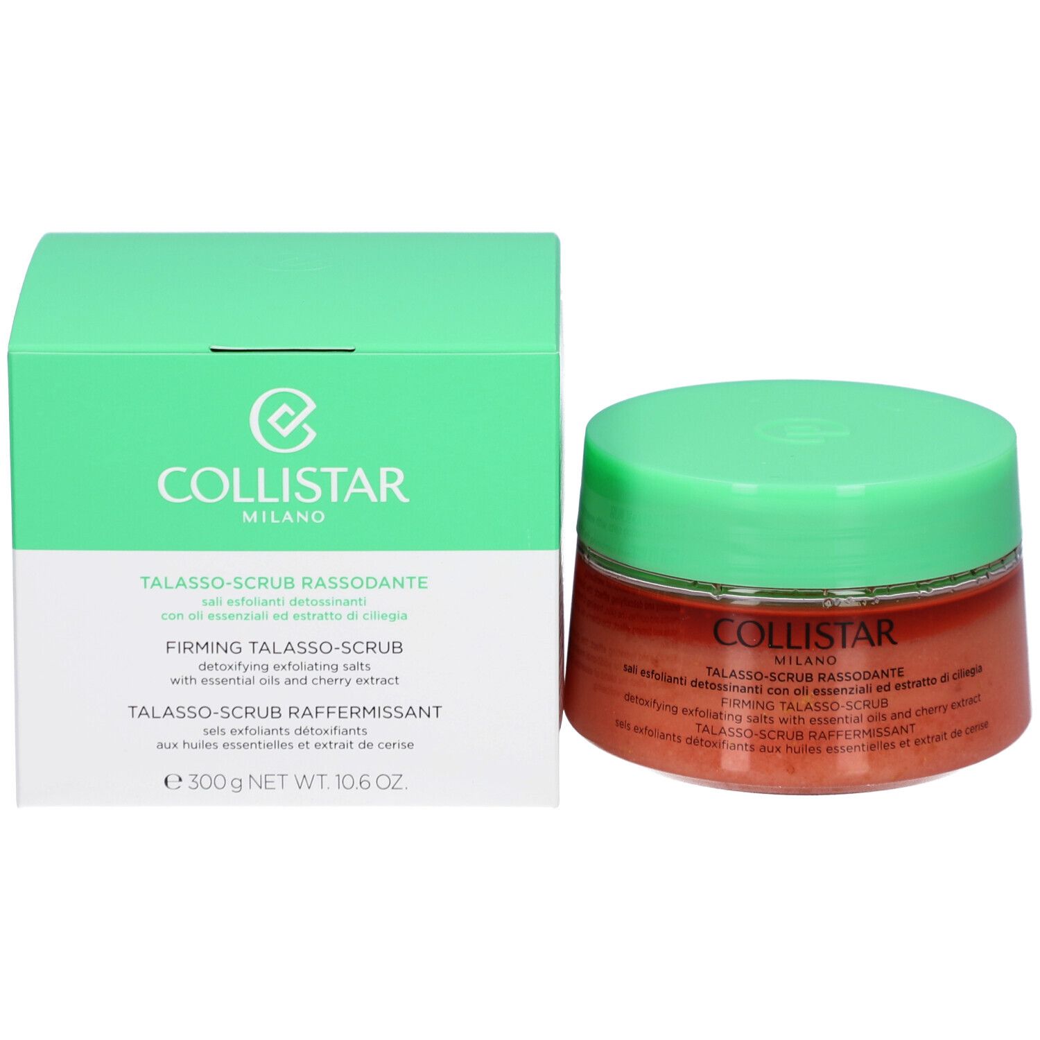 Emballage et pot avec couvercle vert. Inscription : COLLISTAR, TALASSO-SCRUB RASSODANTE. Contenu : sel exfoliant.