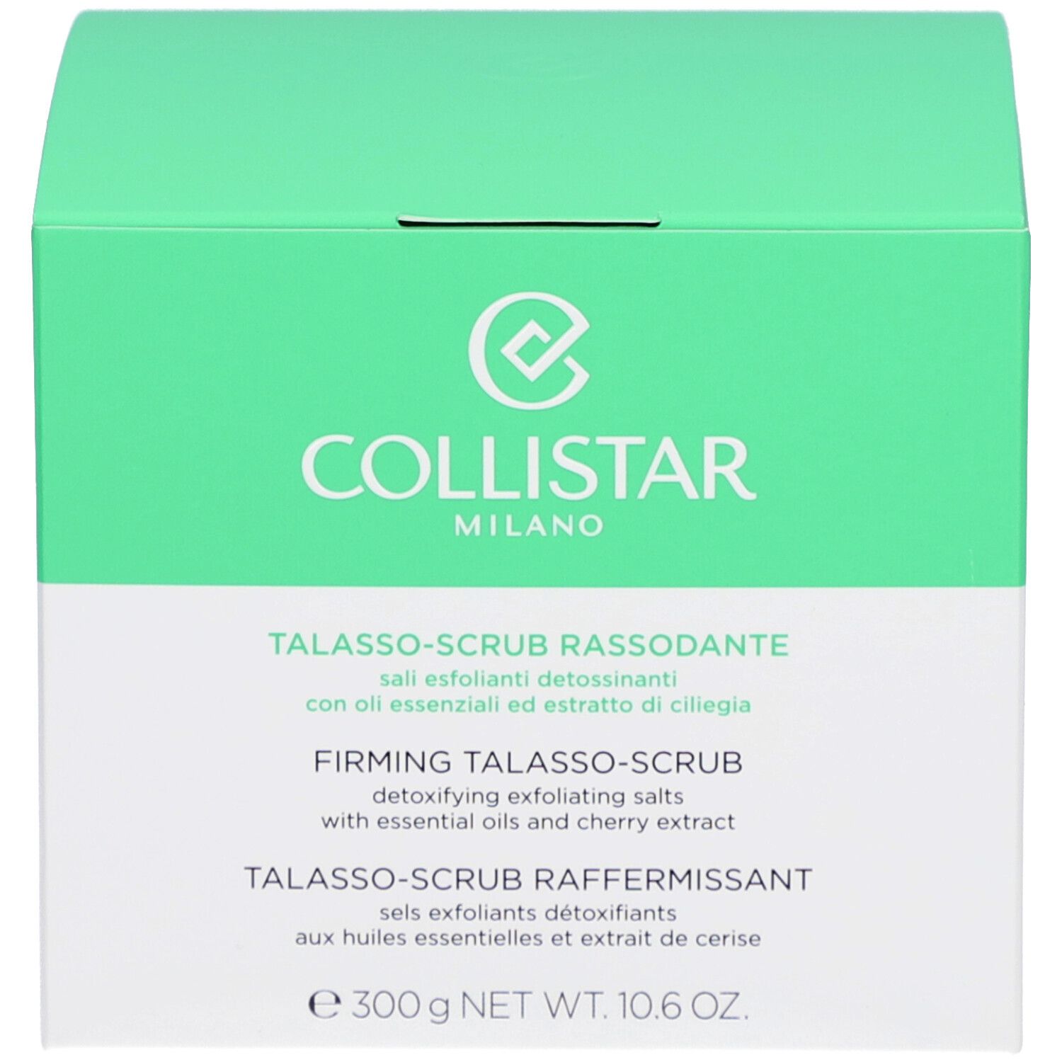 Emballage. Inscription : COLLISTAR, TALASSO-SCRUB RASSODANTE. Contenu : sel exfoliant. Inscription : 300 g NET WT. 10.6 OZ.