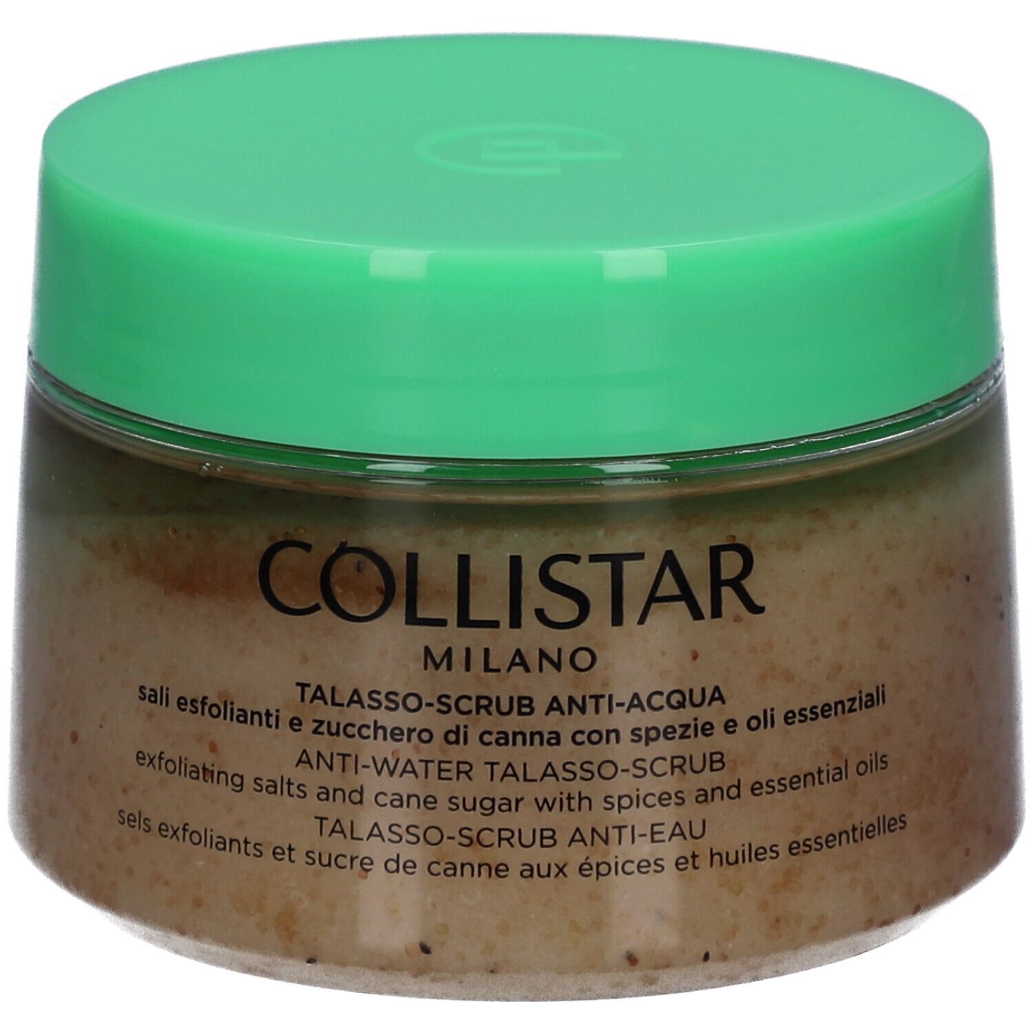 Pot avec couvercle vert. Inscription : Collistar Milano, Anti-Eau Talasso-Scrub. Texte multilingue.