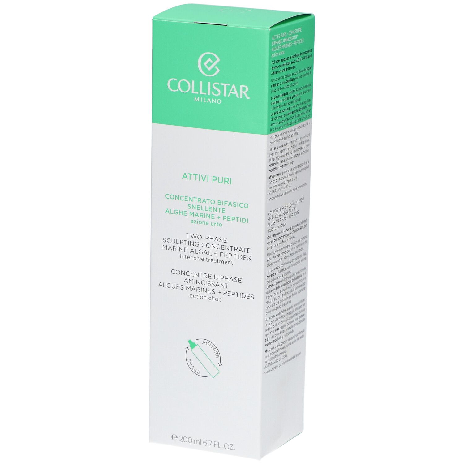 Collistar Attivi Puri, concentré biphasé, emballage rectangulaire. Design vert et blanc avec informations produit.