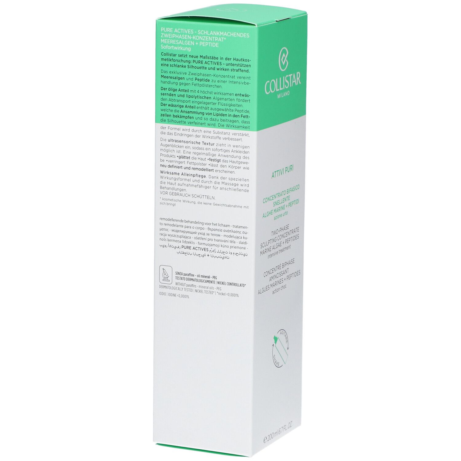 Dos de l'emballage Collistar Attivi Puri. Texte multilingue, couvercle vert, fond blanc.