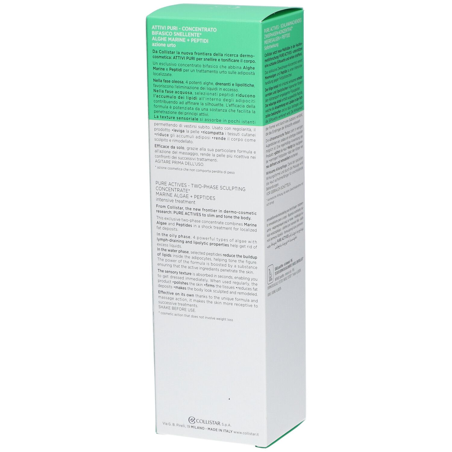 Côté de l'emballage Collistar Attivi Puri. Texte multilingue, couvercle vert, fond blanc.