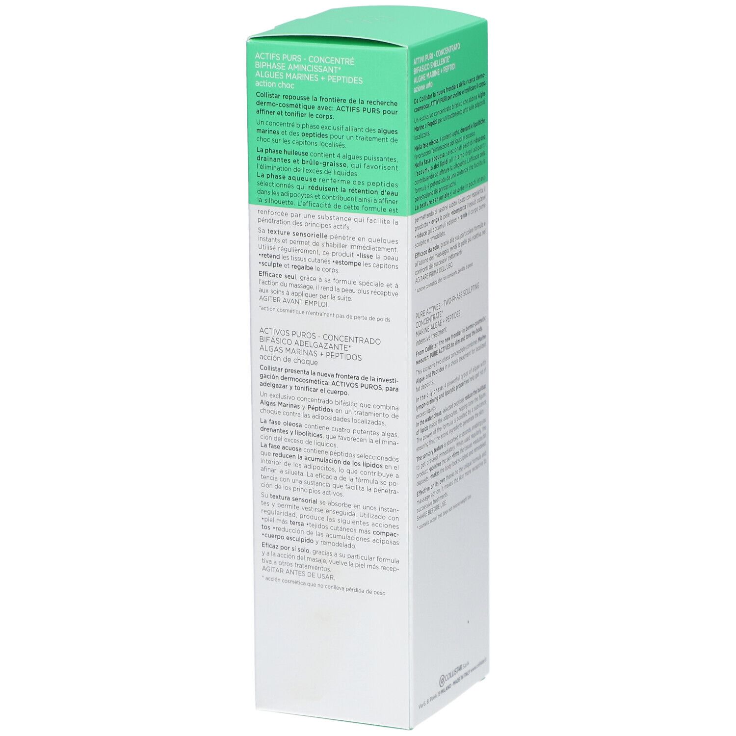 Côté de l'emballage Collistar Attivi Puri. Texte multilingue, couvercle vert, fond blanc.