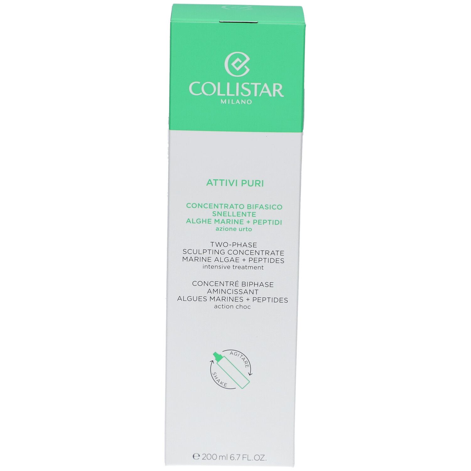 Face avant de l'emballage Collistar Attivi Puri. Design vert et blanc avec informations produit et logo.