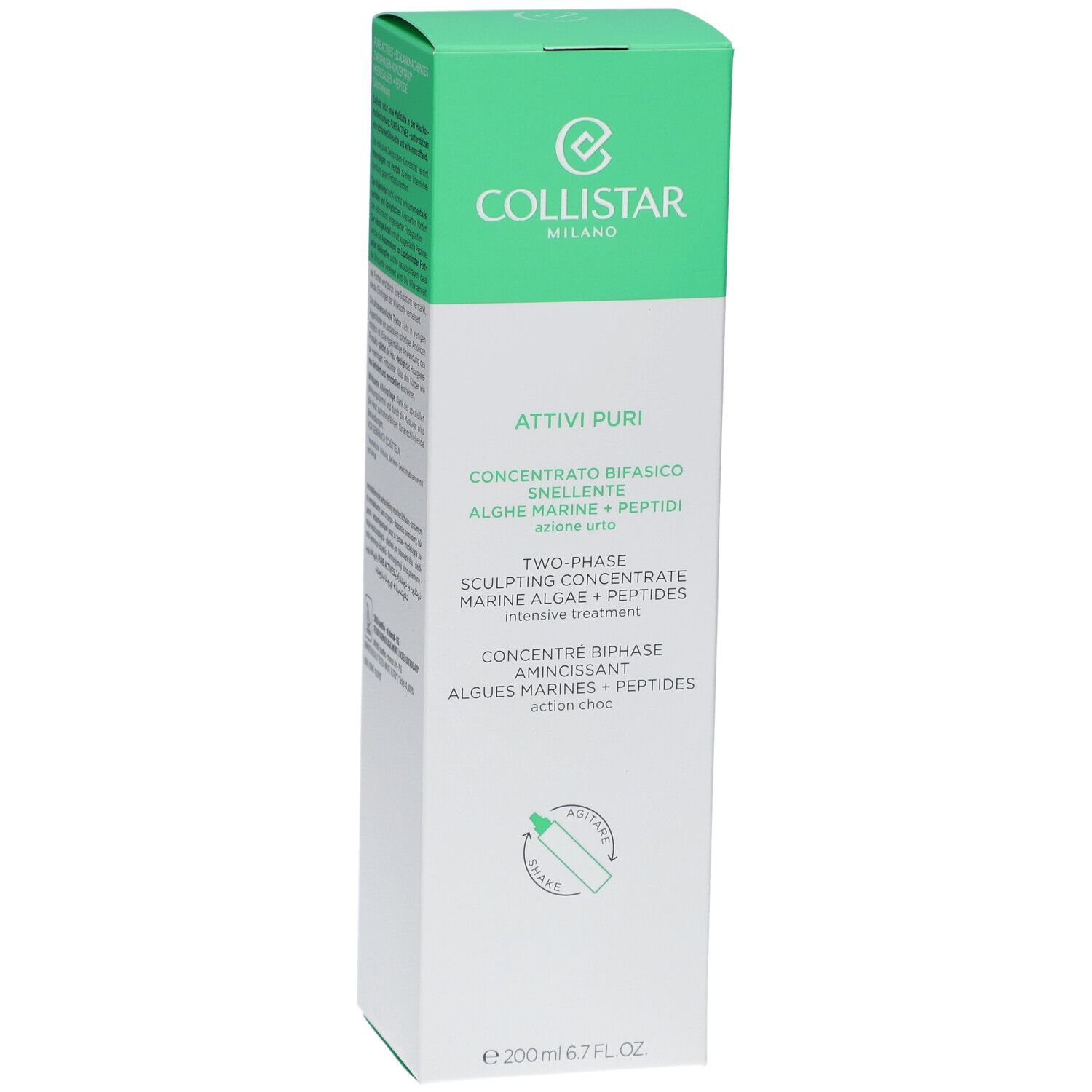 Côté de l'emballage Collistar Attivi Puri. Texte multilingue, couvercle vert, fond blanc.