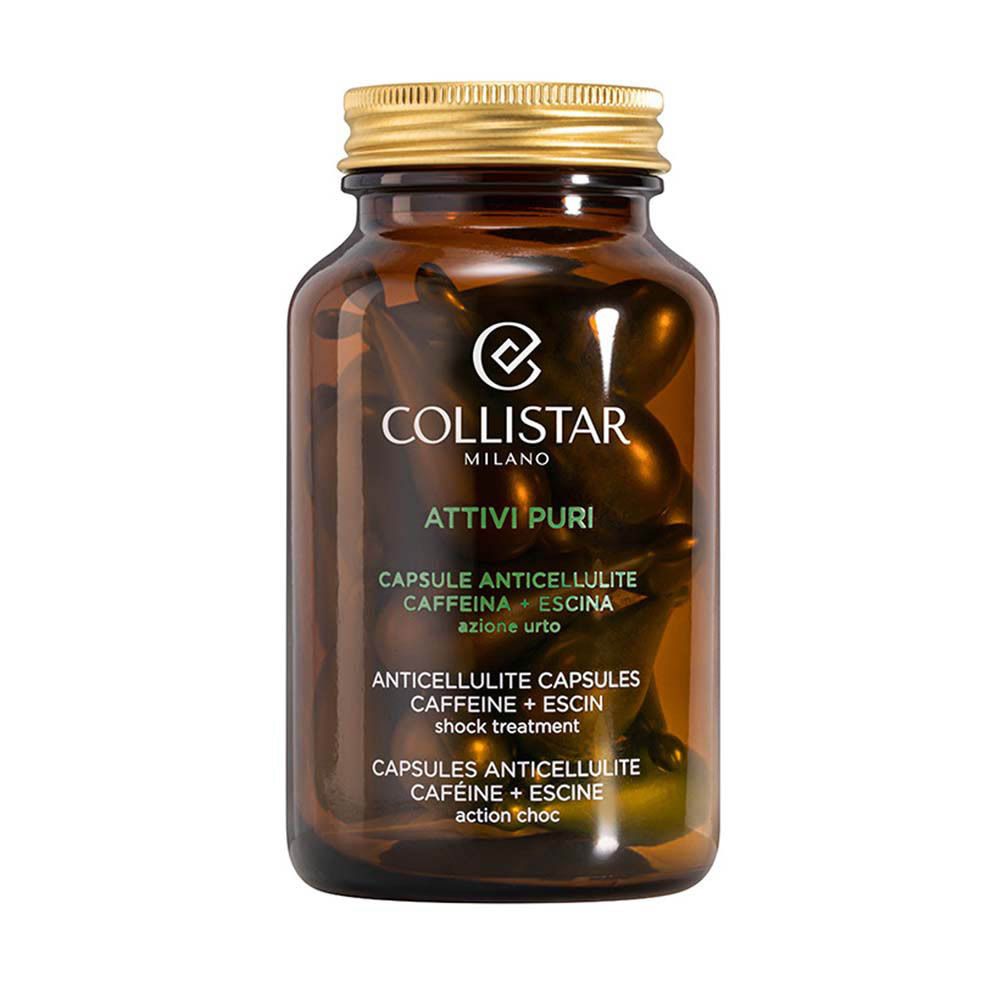 Flacon en verre brun avec bouchon doré. Collistar Attivi Puri Anticellulite Capsules.