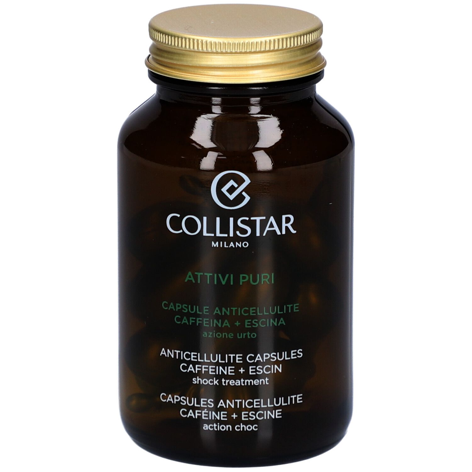 Flacon en verre brun avec bouchon doré. Logo Collistar et nom du produit Attivi Puri Anticellulite Capsules.