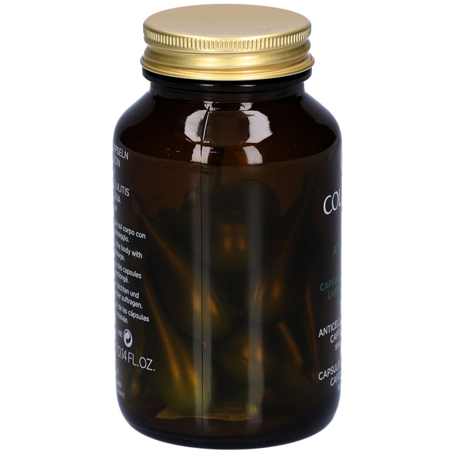Dos du flacon en verre brun avec informations produit. Collistar Attivi Puri Anticellulite Capsules.
