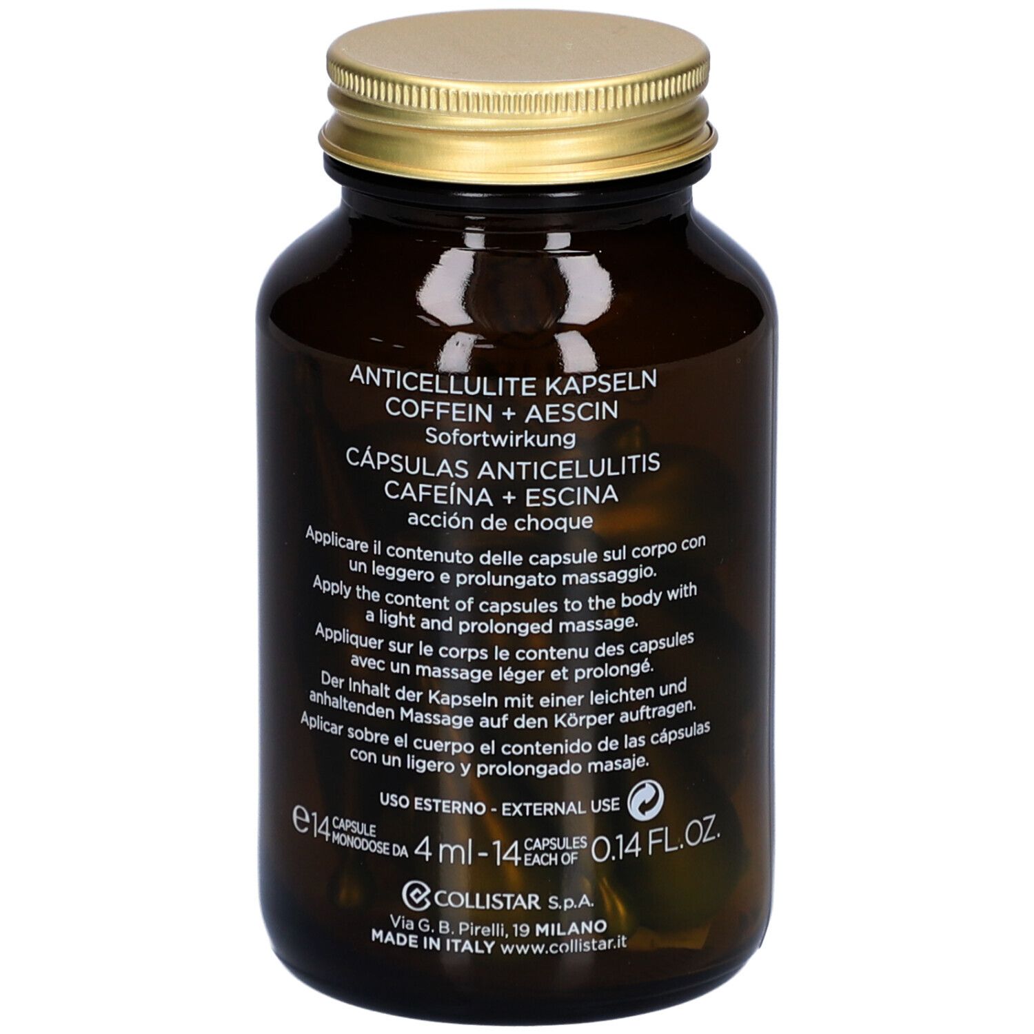 Dos du flacon en verre brun avec informations produit. Collistar Attivi Puri Anticellulite Capsules.