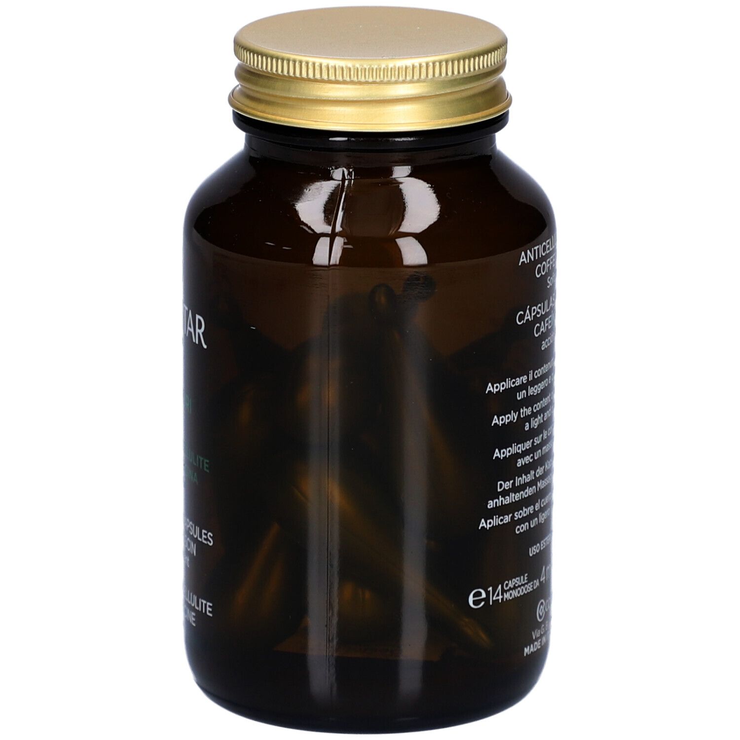 Dos du flacon en verre brun avec informations produit. Collistar Attivi Puri Anticellulite Capsules.