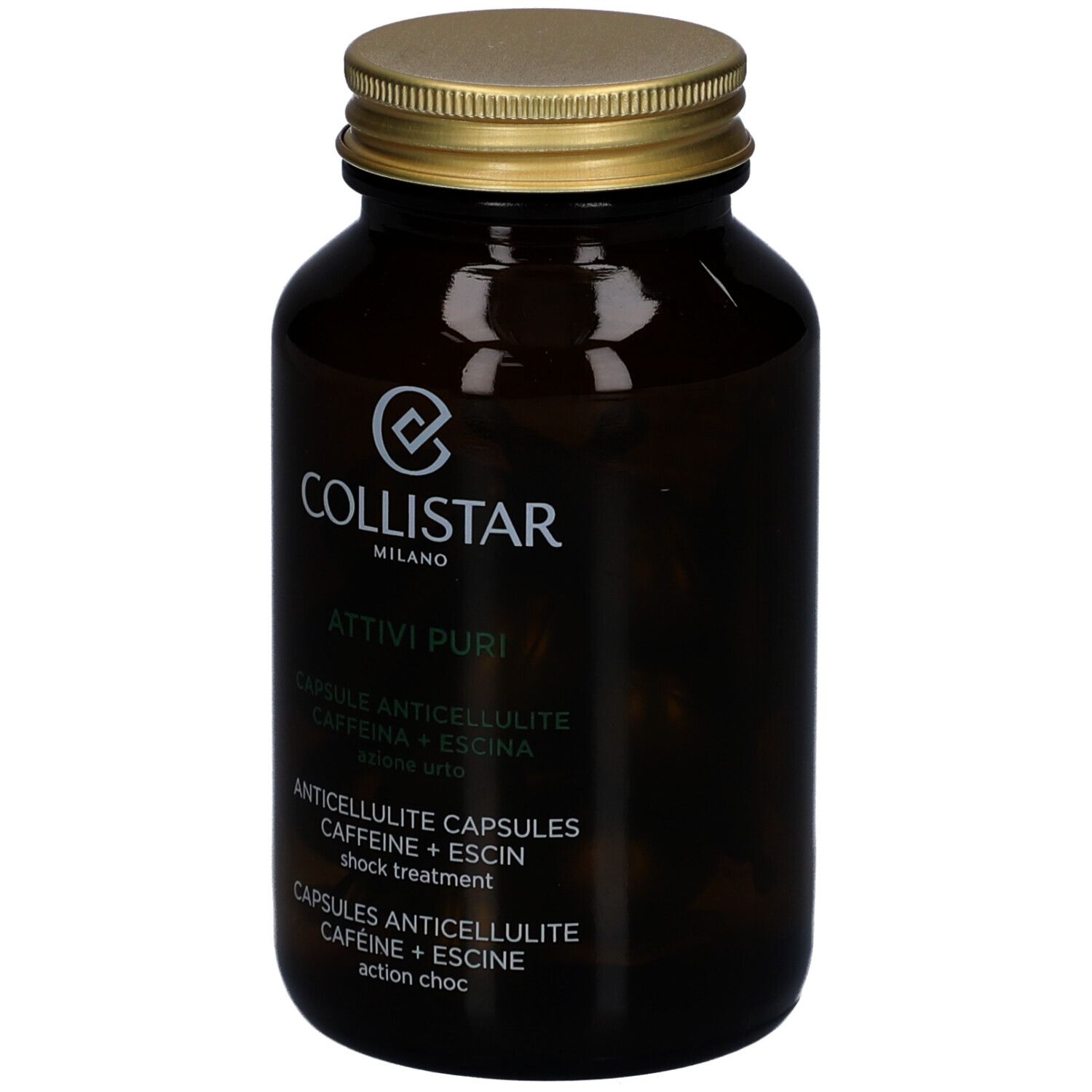 Flacon en verre brun avec bouchon doré. Logo Collistar et nom du produit Attivi Puri Anticellulite Capsules.