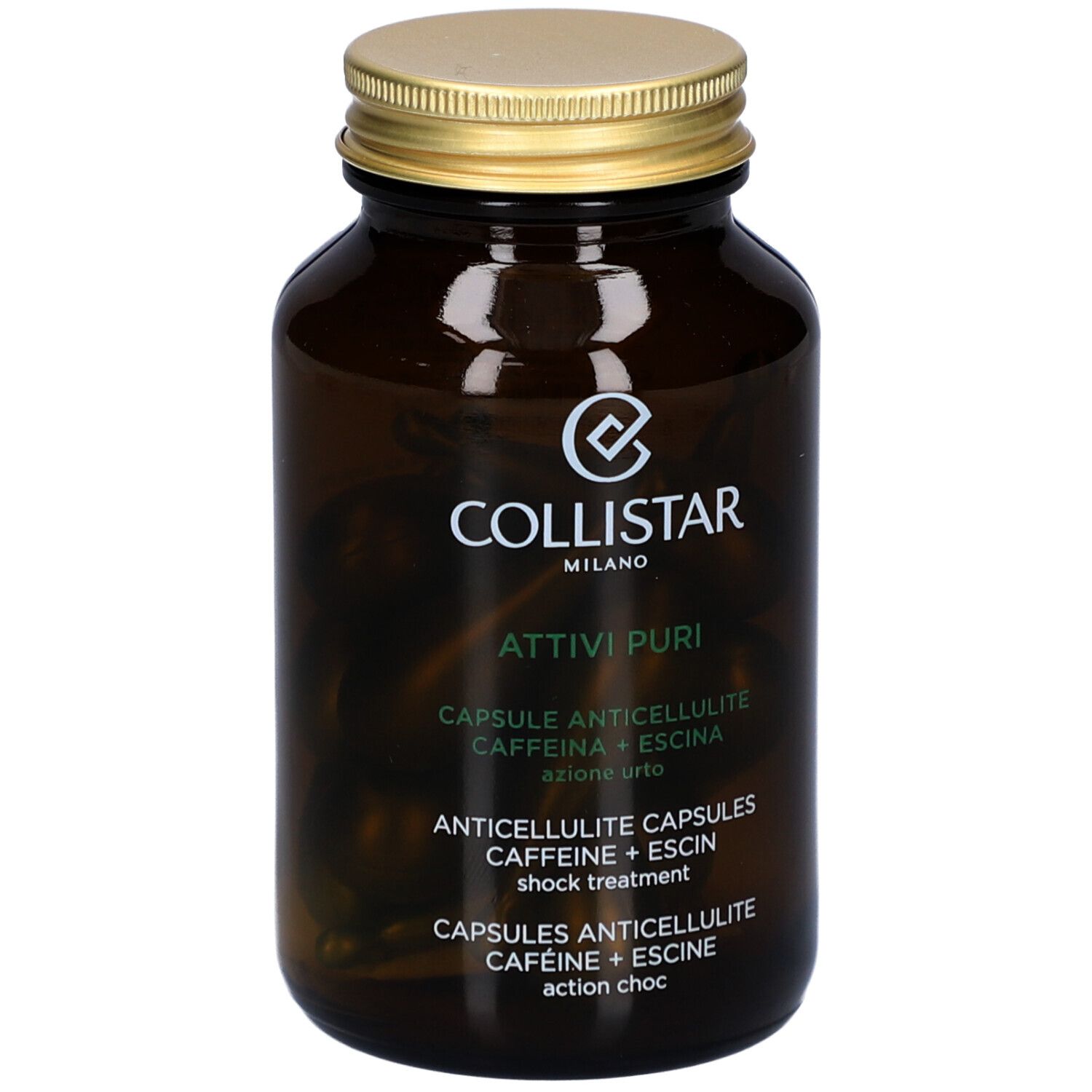 Flacon en verre brun avec bouchon doré. Logo Collistar et nom du produit Attivi Puri Anticellulite Capsules.