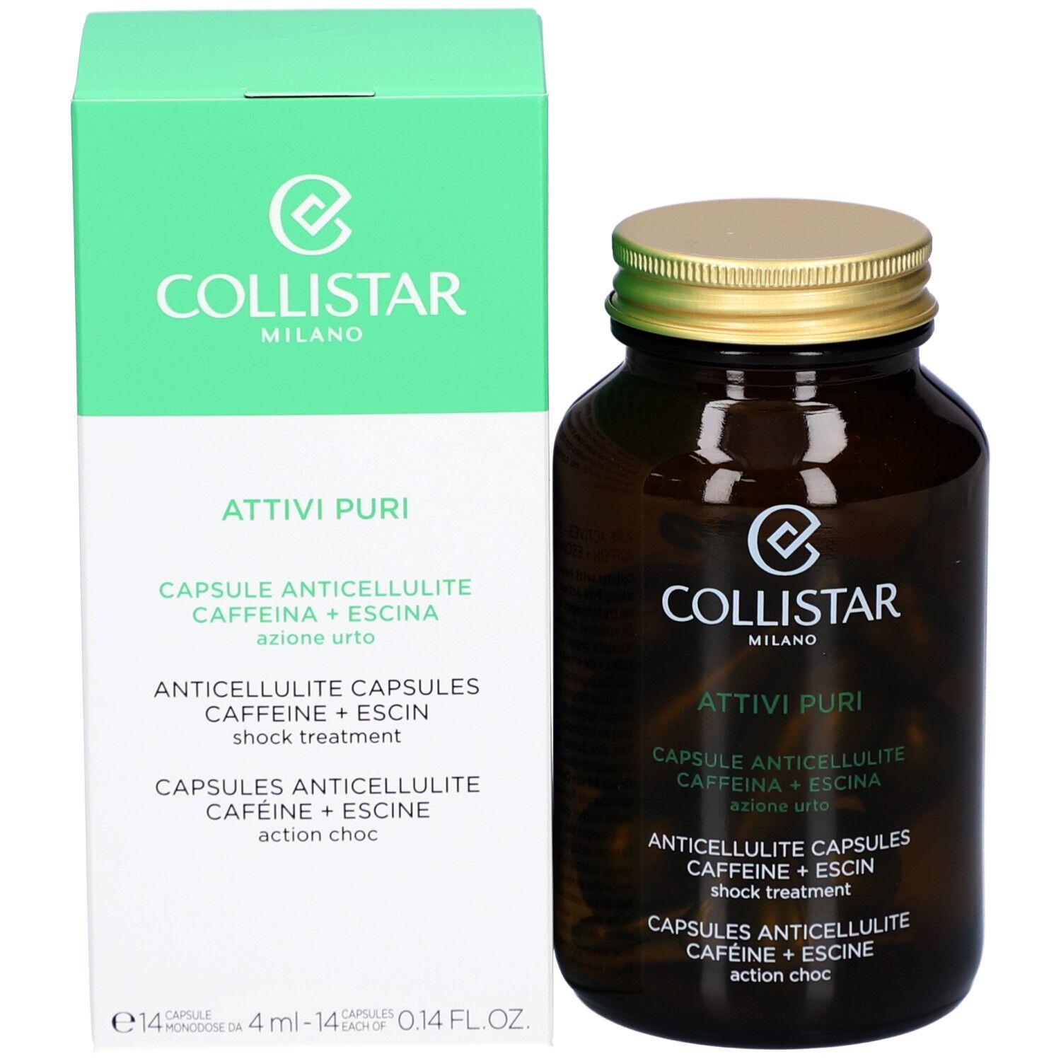 Emballage et flacon du produit. Collistar Attivi Puri Anticellulite Capsules. Boîte verte et flacon brun.