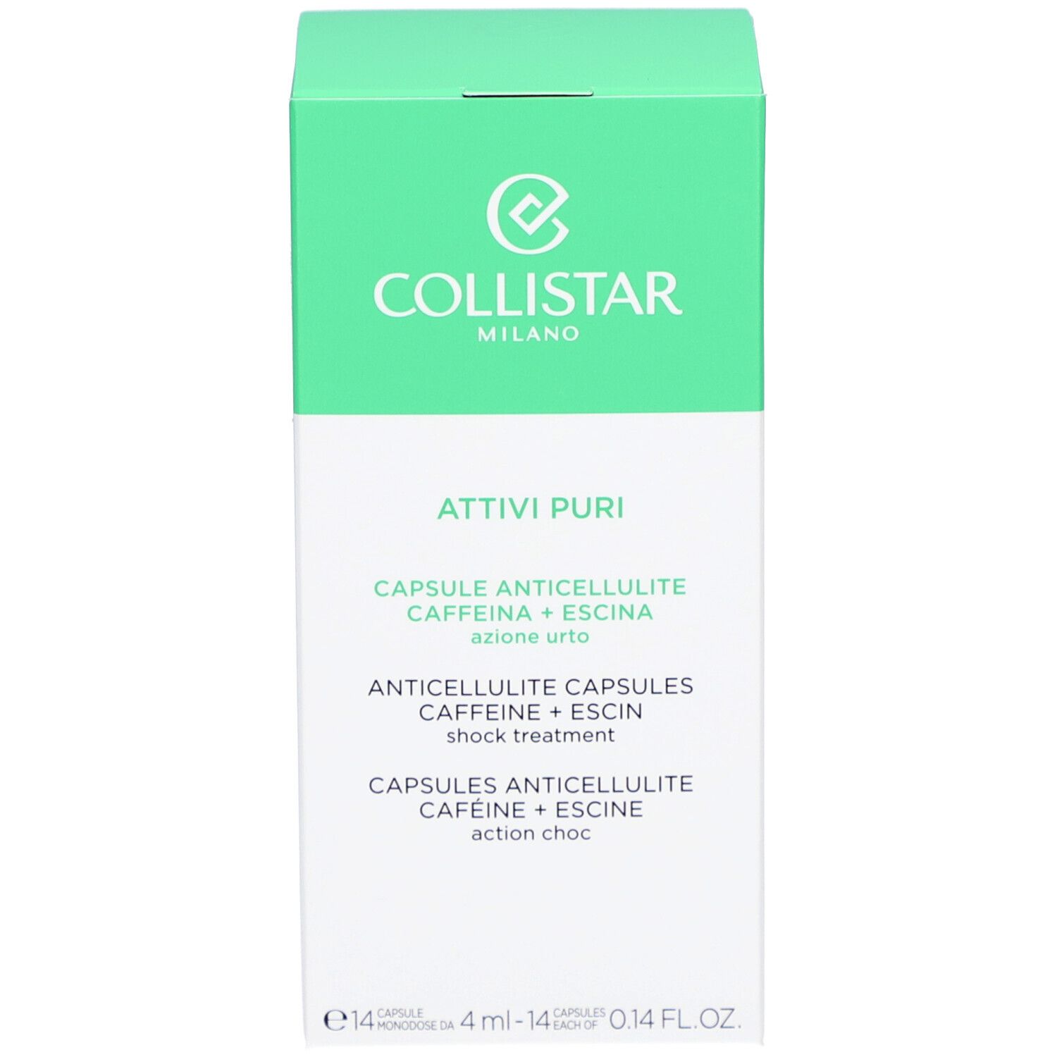Emballage vert du produit. Collistar Attivi Puri Anticellulite Capsules. Texte et logo.