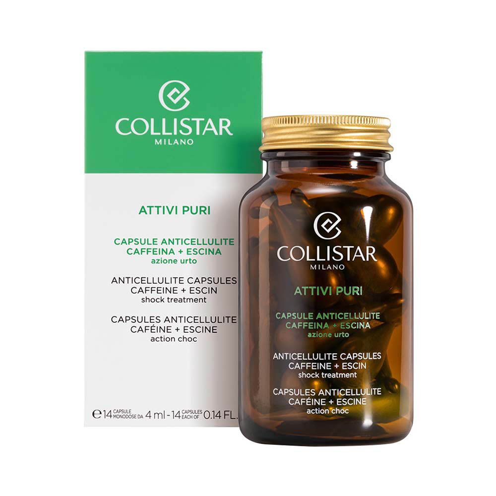 Emballage et flacon du produit. Collistar Attivi Puri Anticellulite Capsules. Boîte verte et flacon brun.