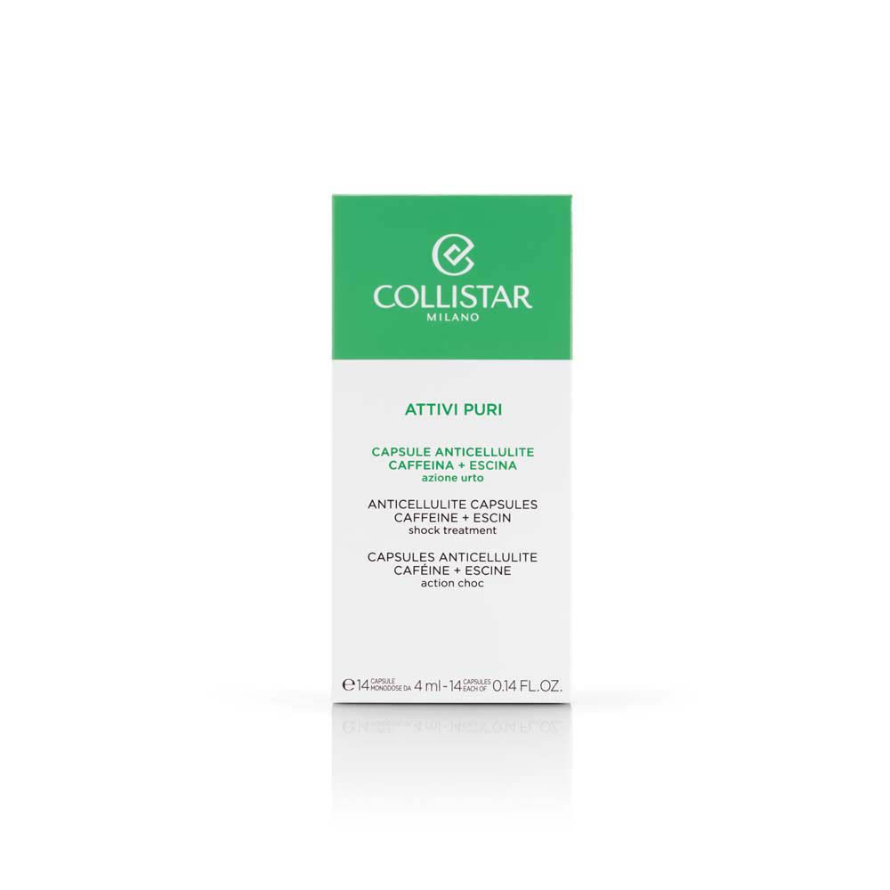 Emballage vert du produit. Collistar Attivi Puri Anticellulite Capsules. Texte et logo.