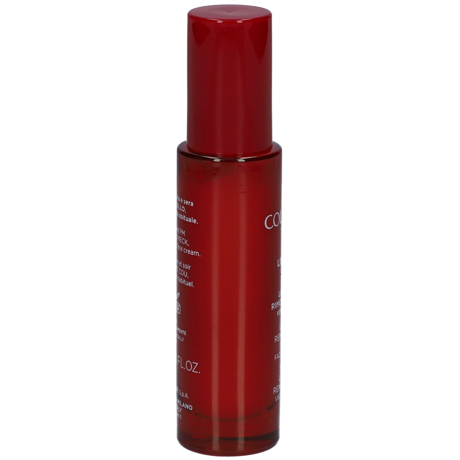 Flacon rouge avec bouchon rouge. Inscription : Collistar, Lift HD+, sérum visage et cou.