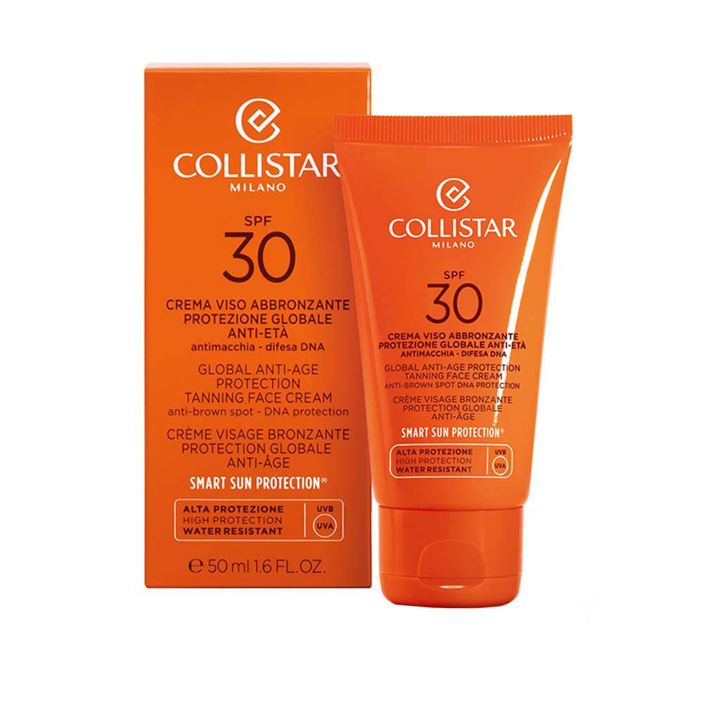 Emballage produit : boîte et tube oranges. Collistar, SPF 30. Crème visage bronzante, anti-âge. 50 ml.