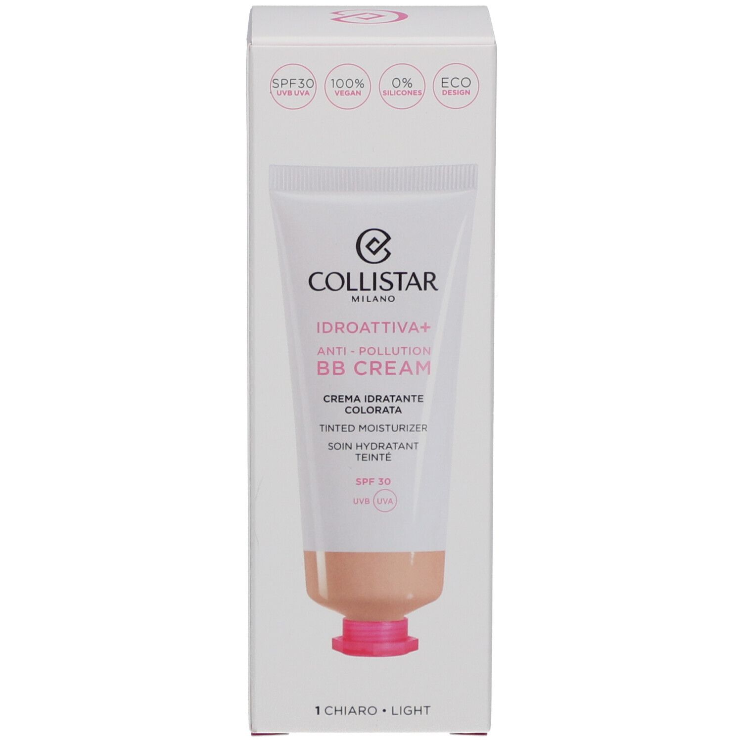 Emballage de crème BB. Collistar Idroattiva+ Anti-Pollution. Teinte Light. SPF 30. Vegan.