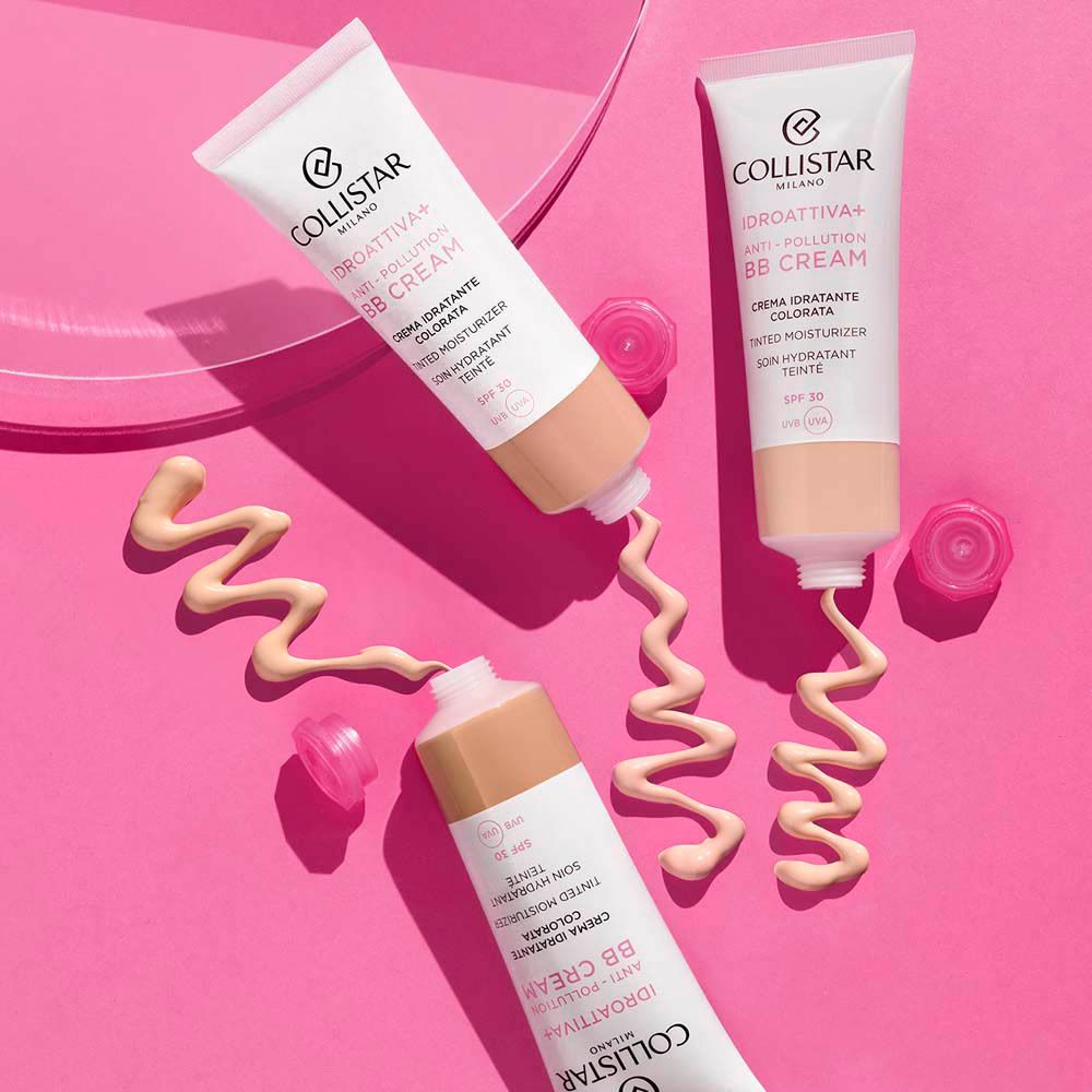 Trois tubes de crème BB. Collistar Idroattiva+ Anti-Pollution. Teinte Light. SPF 30. Bouchons roses.