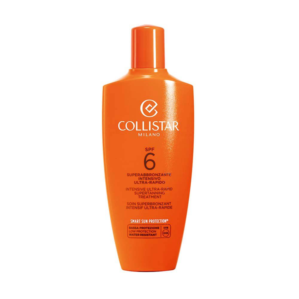 Flacon orange. Collistar Milano, SPF 6, Superabbronzante Intensivo Ultra-Rapido. Résistant à l'eau.