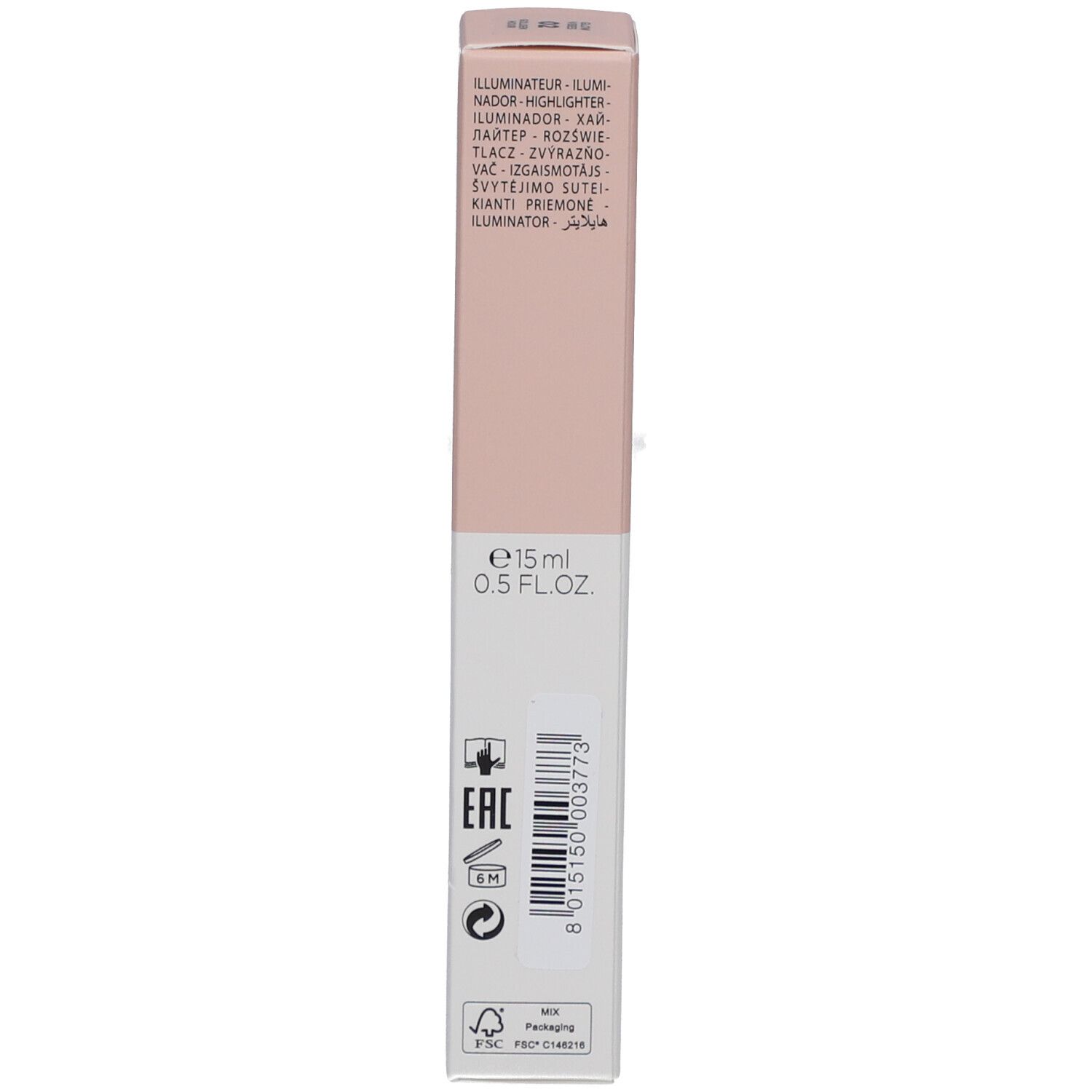 Emballage Collistar NOT Glow Vibes. Texte, code EAN, symboles de recyclage. Rose et blanc.
